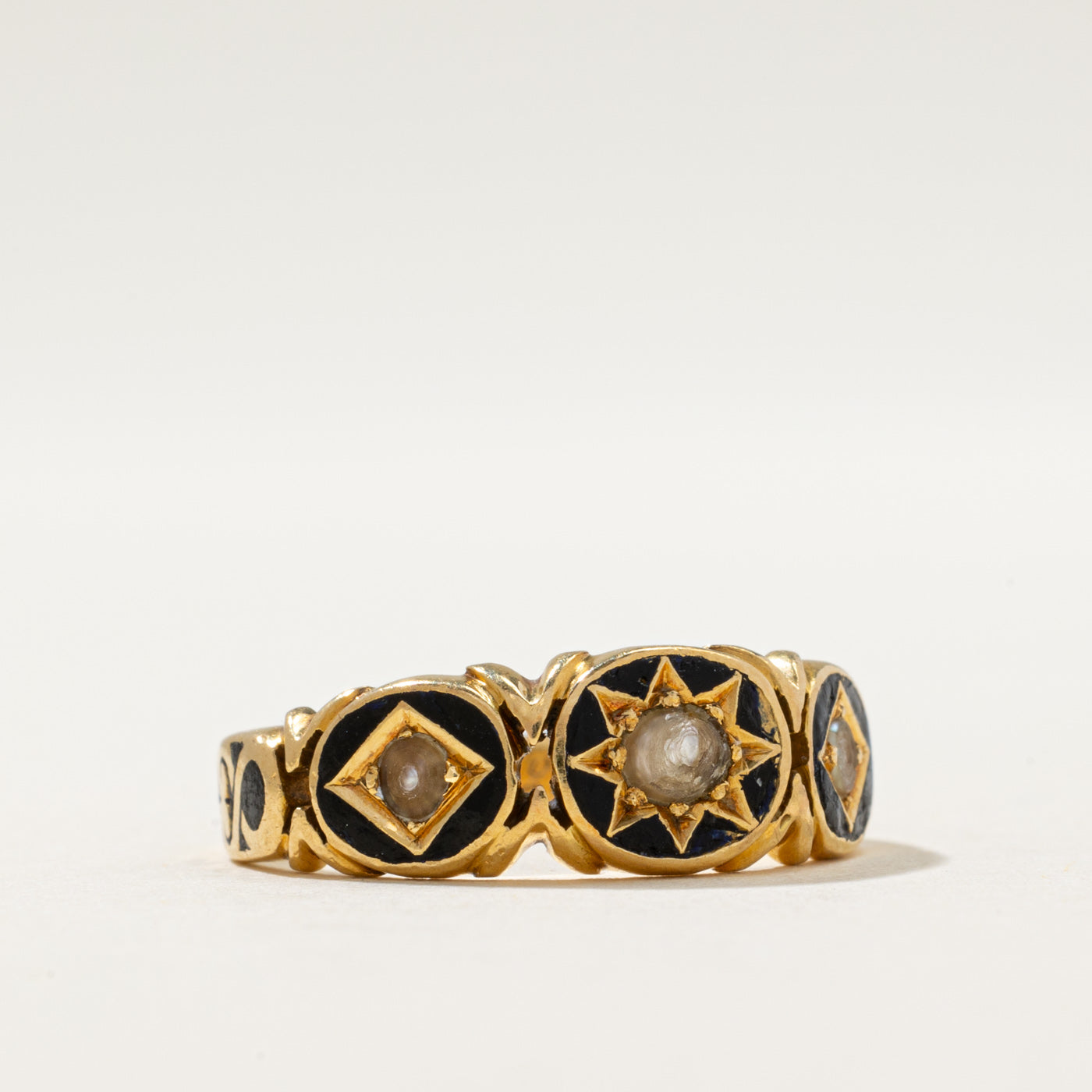 1874 Victorian London Seed Pearl & Black Enamel Ring | 7.5