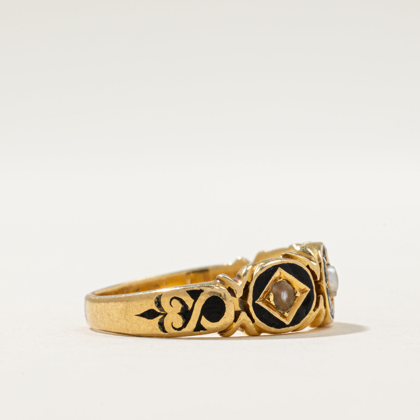 1874 Victorian London Seed Pearl & Black Enamel Ring | 7.5