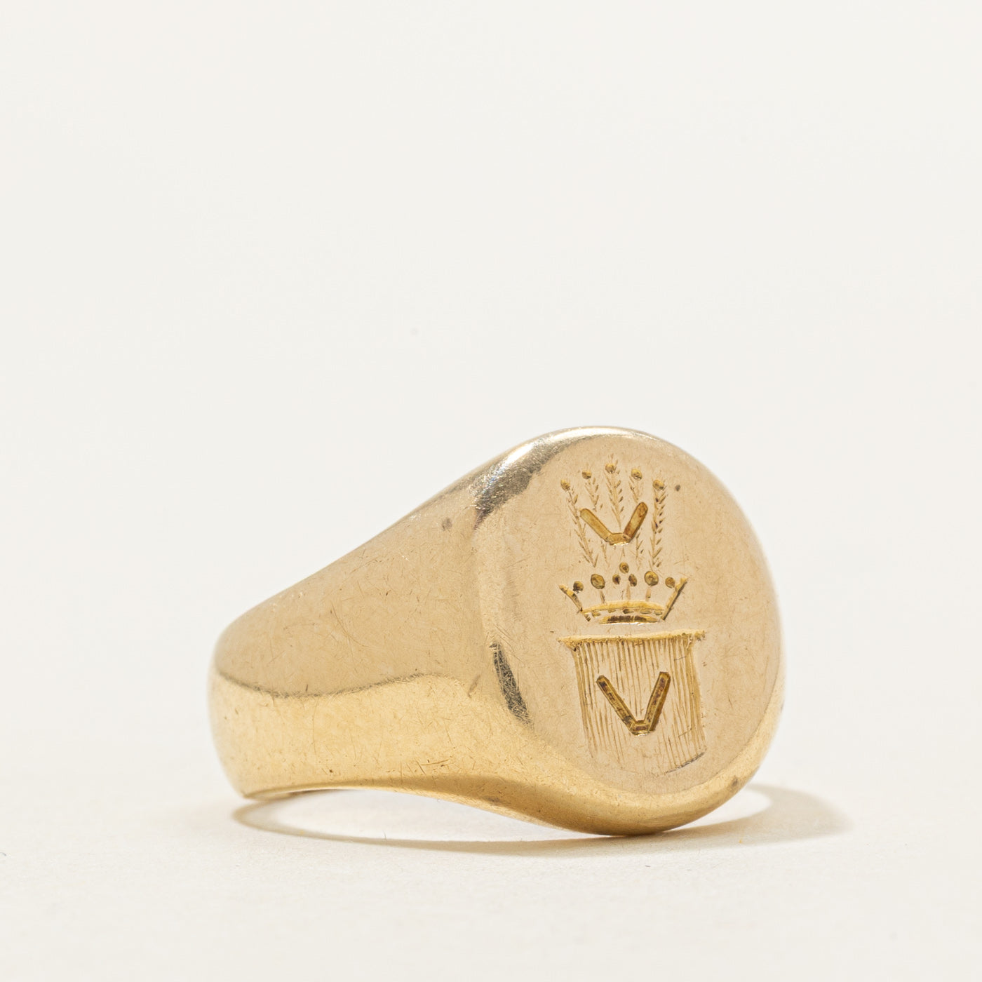 Art Deco Polish 14K Yellow Gold Crest Signet Ring | SZ 5.5 |