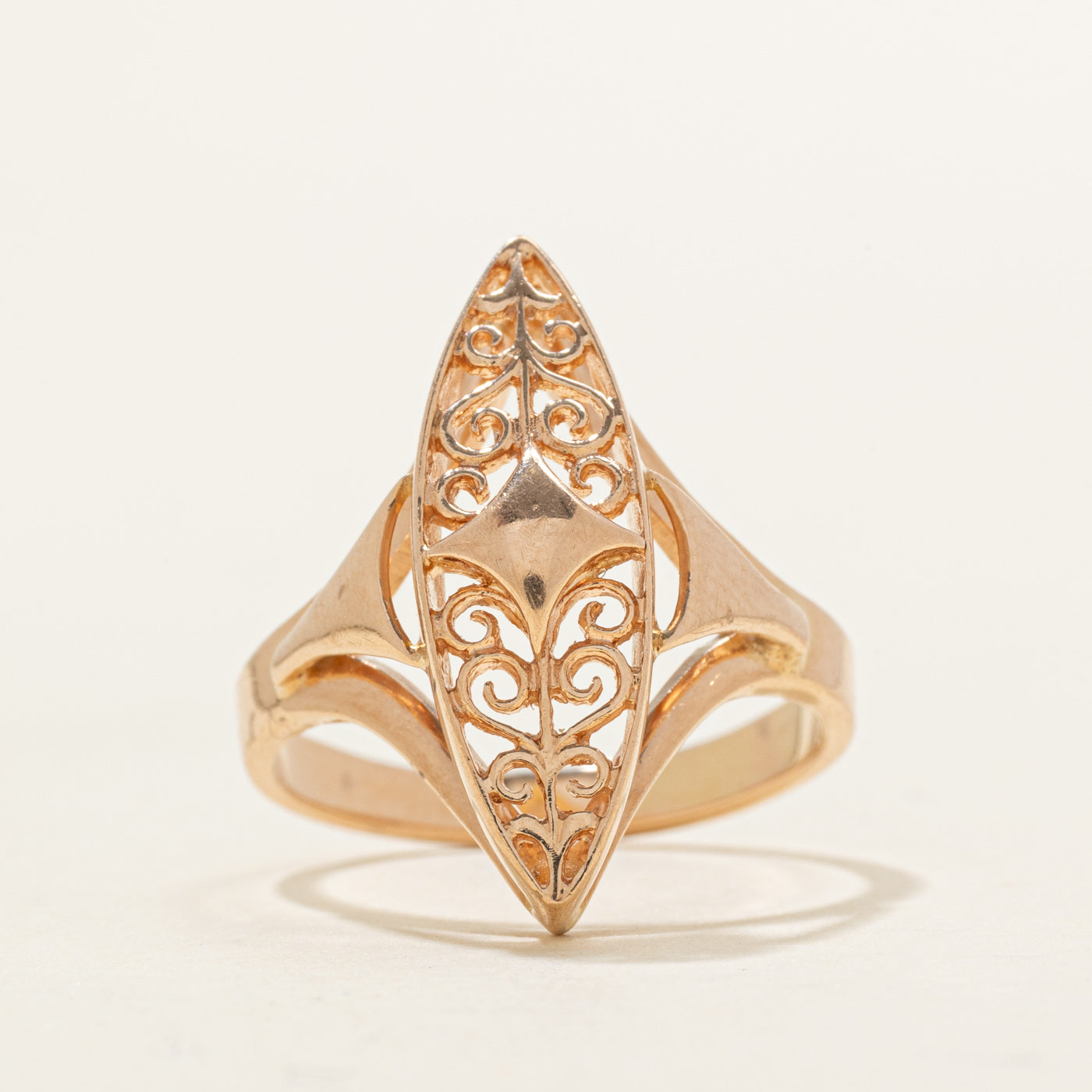 1992 Soviet Hallmarked 14K Rose Gold Scrollwork Navette Ring | SZ 6.75 |