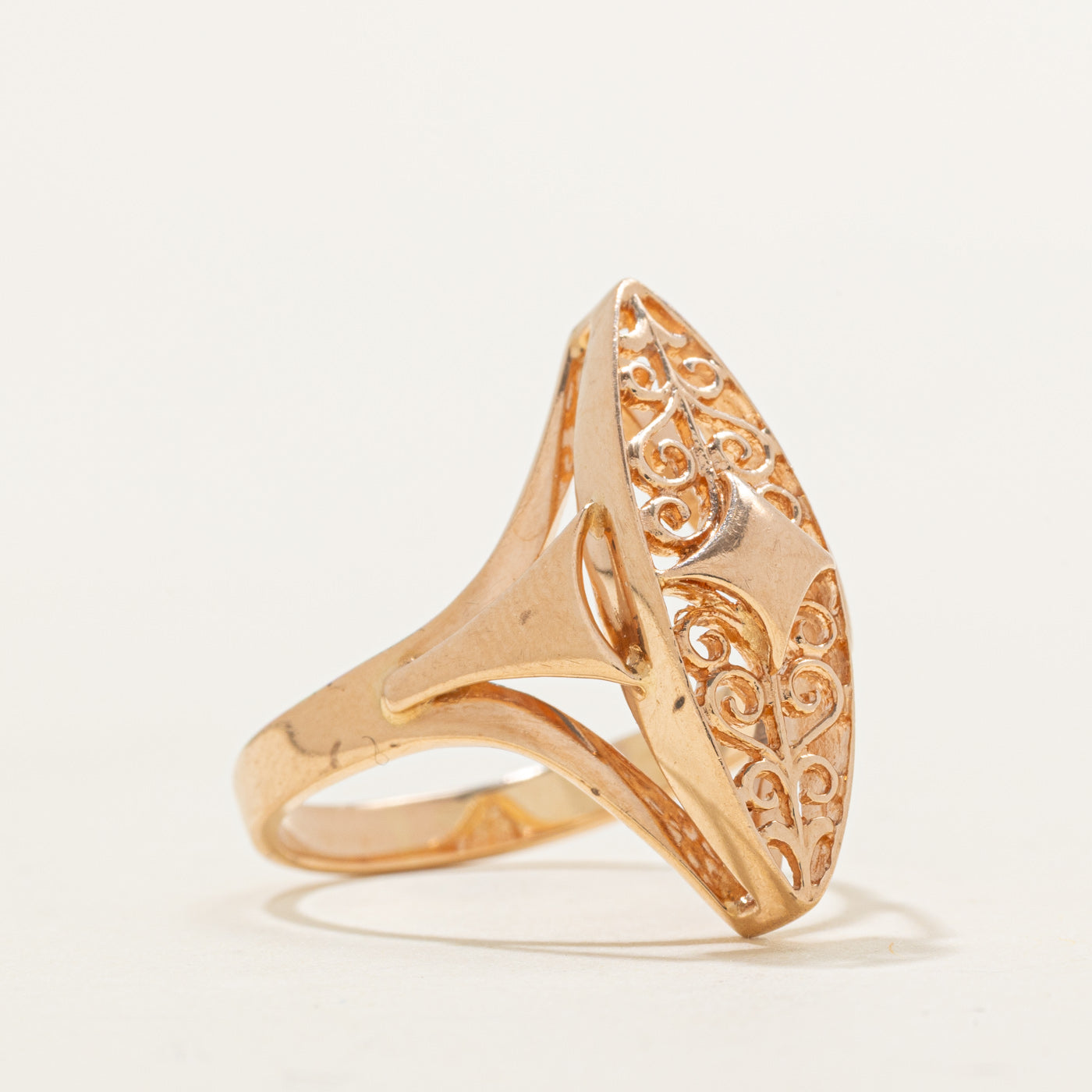 1992 Soviet Hallmarked 14K Rose Gold Scrollwork Navette Ring | SZ 6.75 |