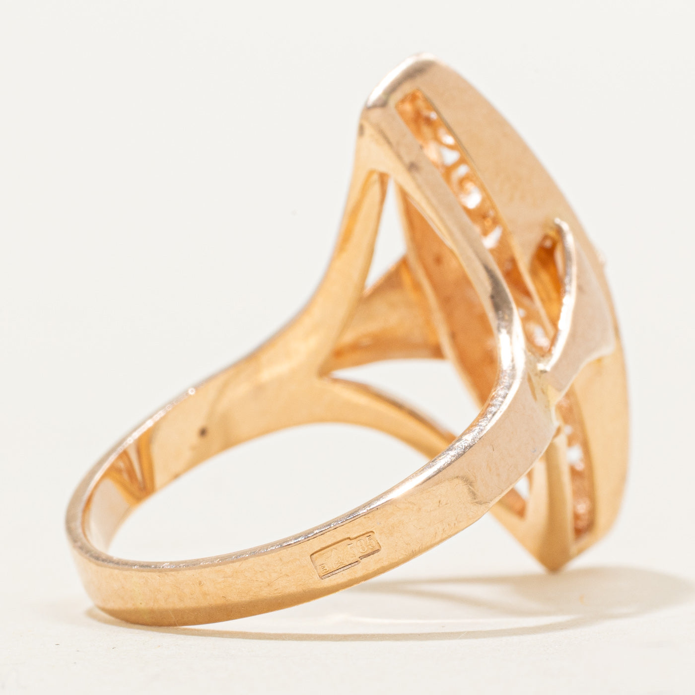 1992 Soviet Hallmarked 14K Rose Gold Scrollwork Navette Ring | SZ 6.75 |