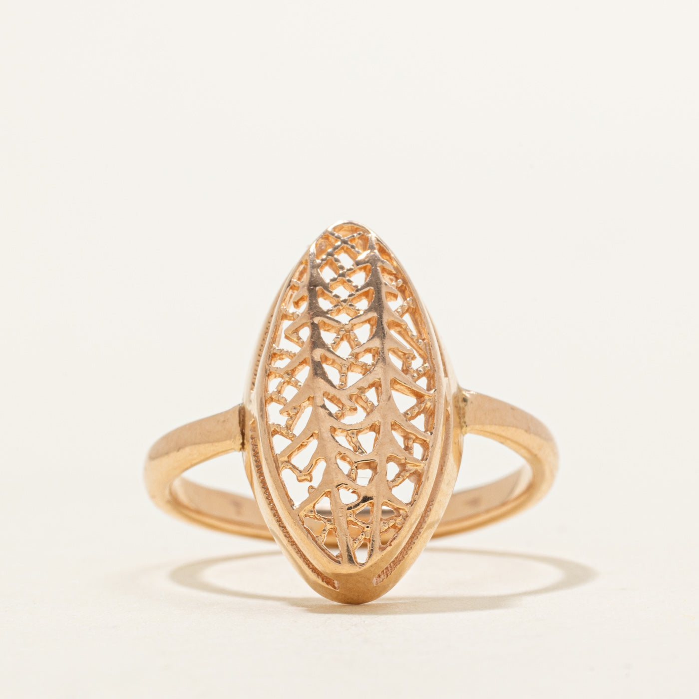 1992 Soviet Hallmarked 14K Rose Gold Openwork Navette Ring | SZ 7 |