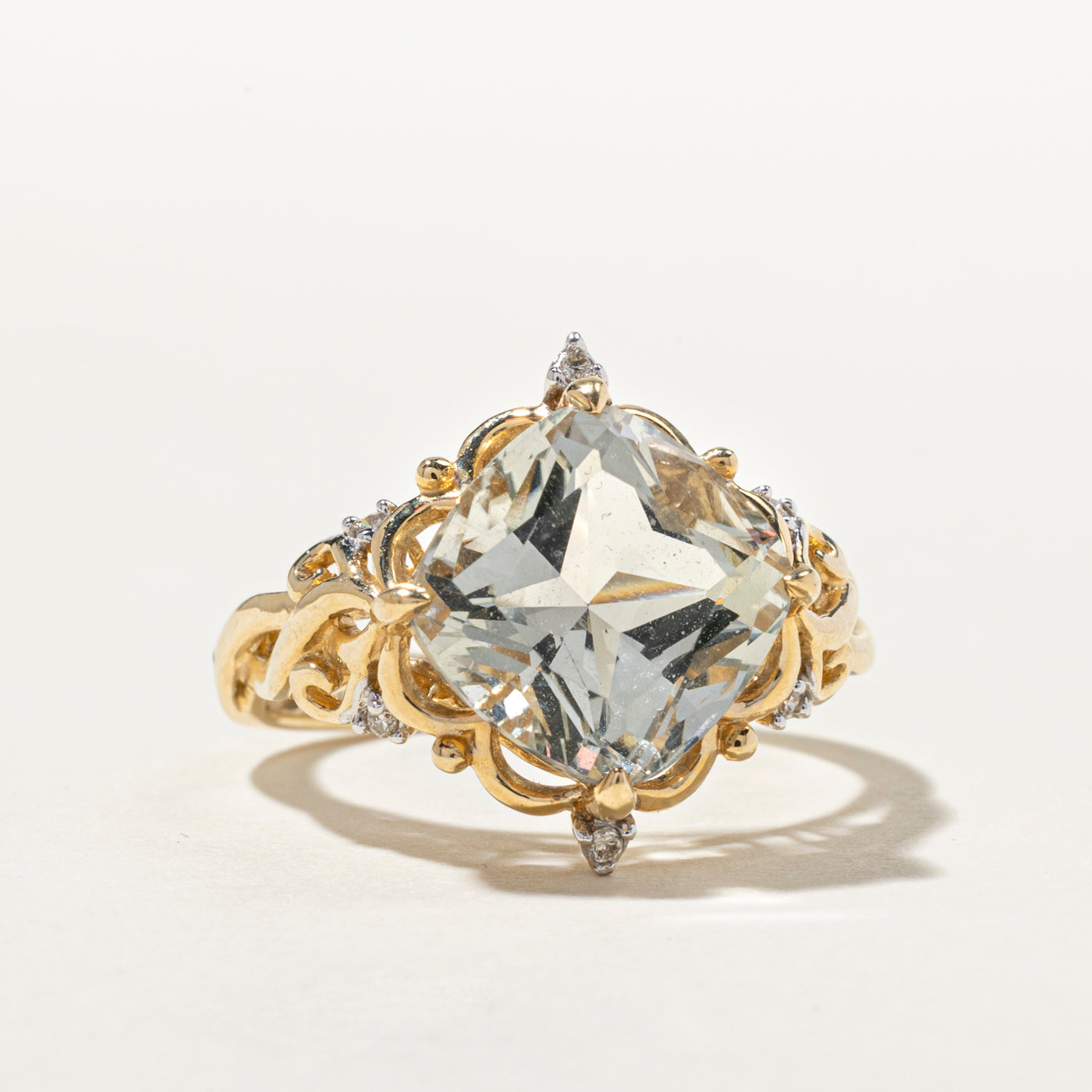 Prasiolite & Diamond Ornate Cocktail Ring | 4.78ct, 0.03ctw | SZ 6.5