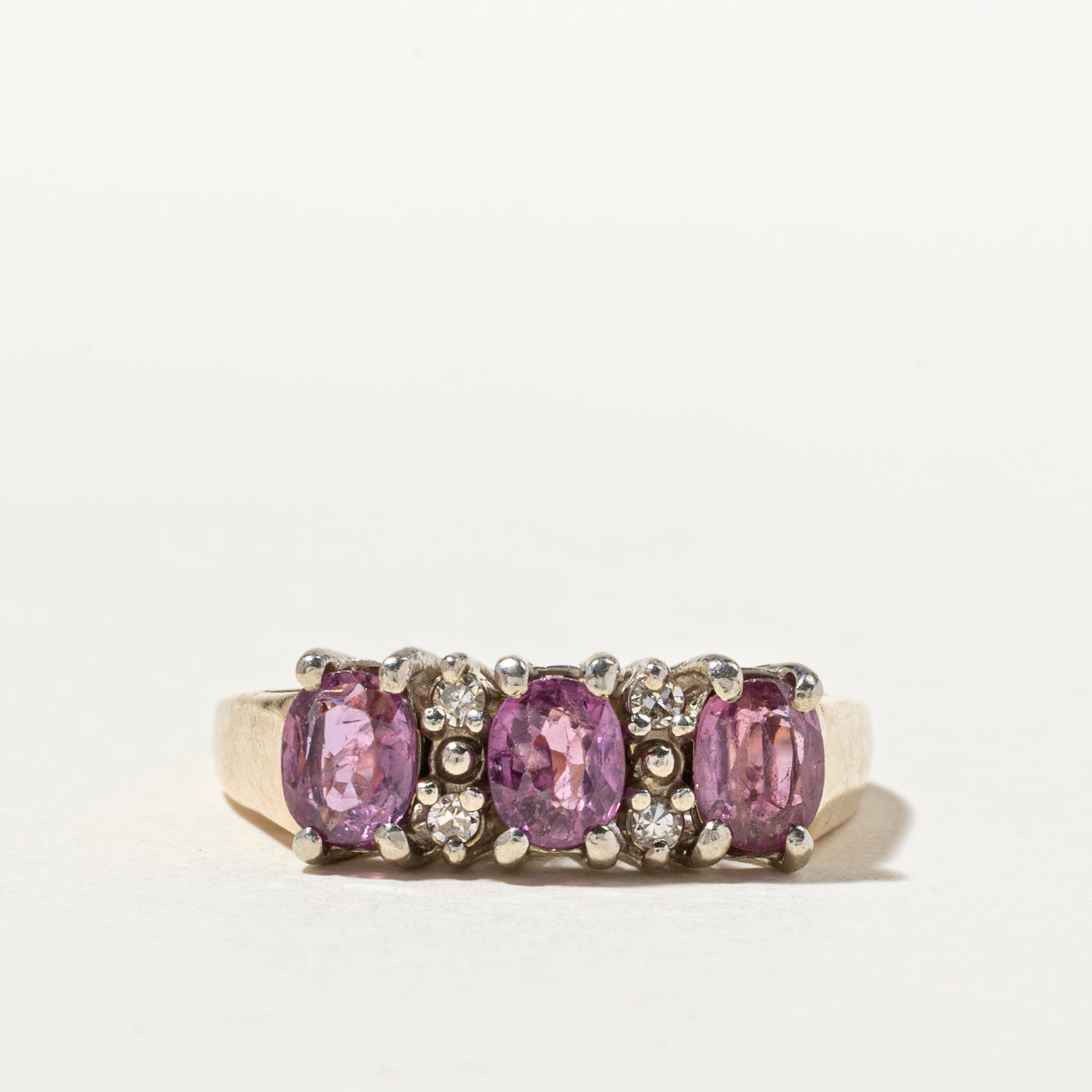 Three Stone Pink Sapphire & Diamond Ring | 1.25ctw, 0.07ctw | SZ 7.75