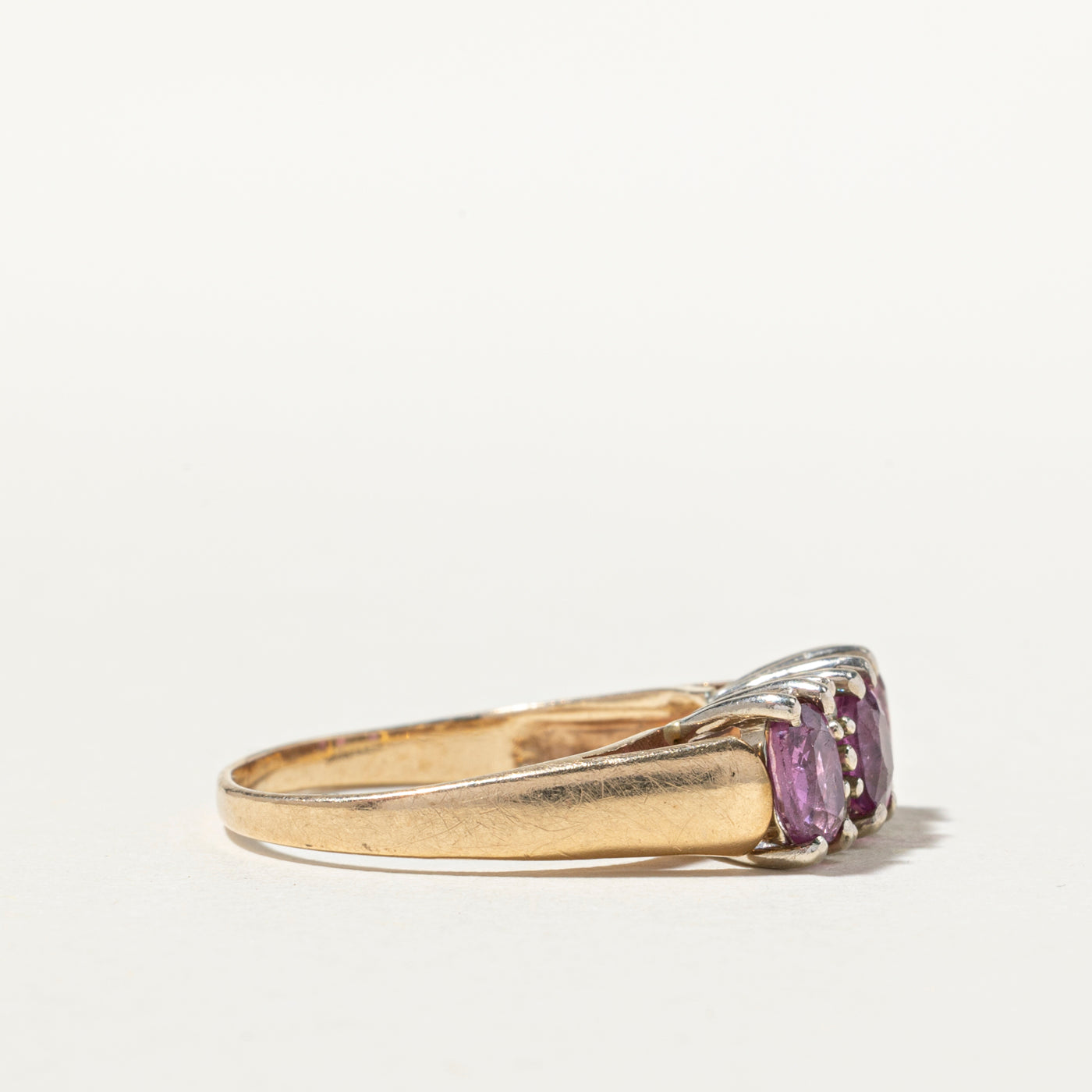 Three Stone Pink Sapphire & Diamond Ring | 1.25ctw, 0.07ctw | SZ 7.75