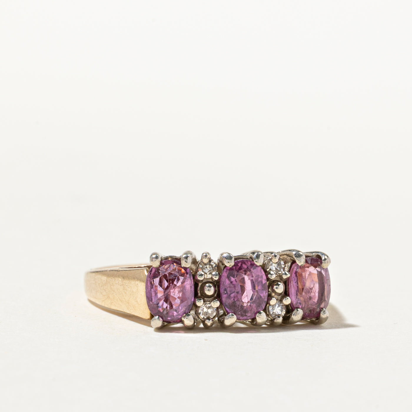 Three Stone Pink Sapphire & Diamond Ring | 1.25ctw, 0.07ctw | SZ 7.75