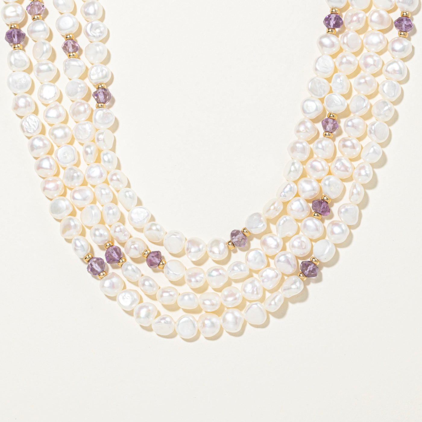 Multi Row Purple Glass Beads & Pearl Strand Necklace | 18"