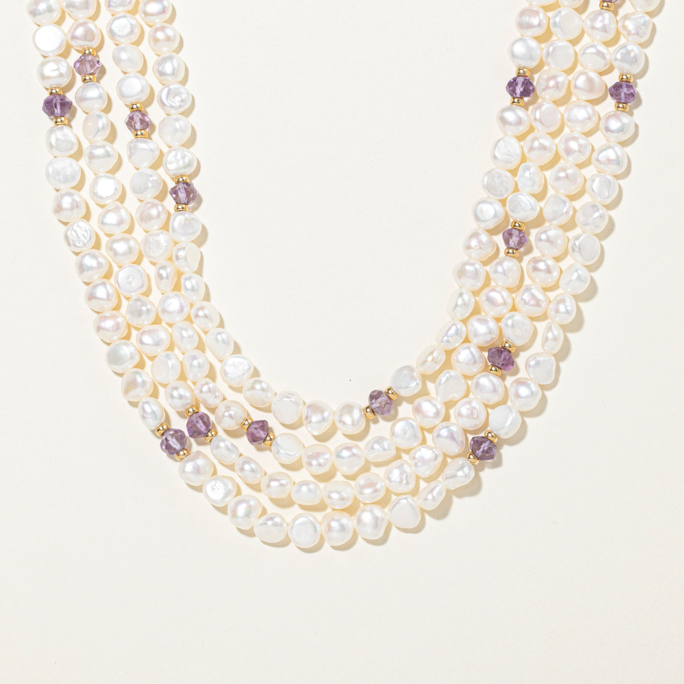 Multi Row Purple Glass Beads & Pearl Strand Necklace | 18"