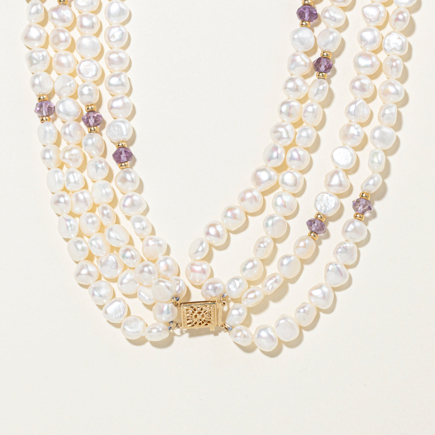 Multi Row Purple Glass Beads & Pearl Strand Necklace | 18"