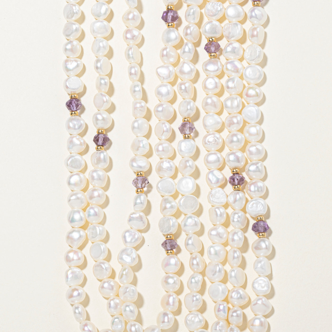 Multi Row Purple Glass Beads & Pearl Strand Necklace | 18"