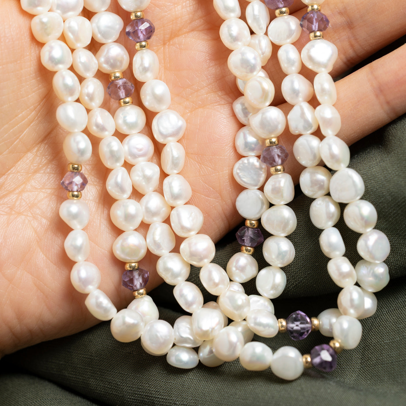 Multi Row Purple Glass Beads & Pearl Strand Necklace | 18"