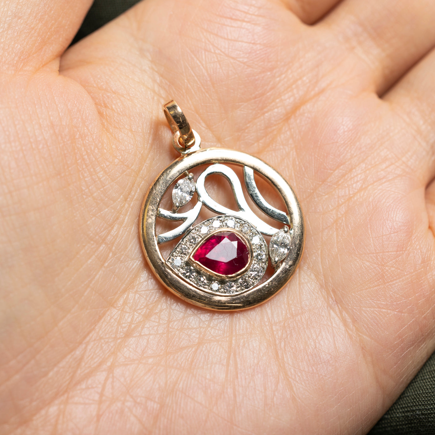 18K Yellow Gold Glass-Filled Ruby and Diamond Pendant | 1.80ct, 0.79ctw