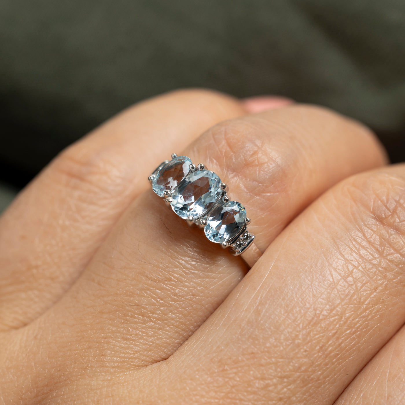 Three Stone Aquamarine & Diamond Ring | 1.38ctw, 0.04ctw | SZ 6