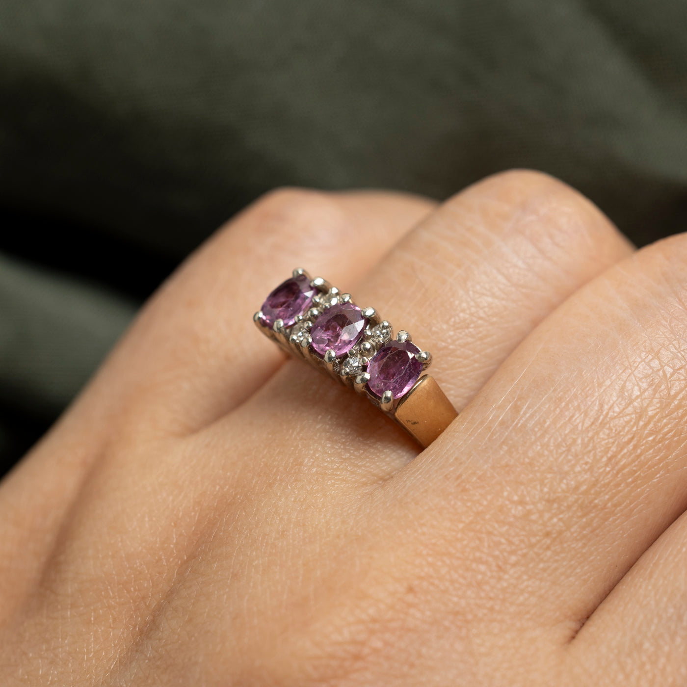 Three Stone Pink Sapphire & Diamond Ring | 1.25ctw, 0.07ctw | SZ 7.75
