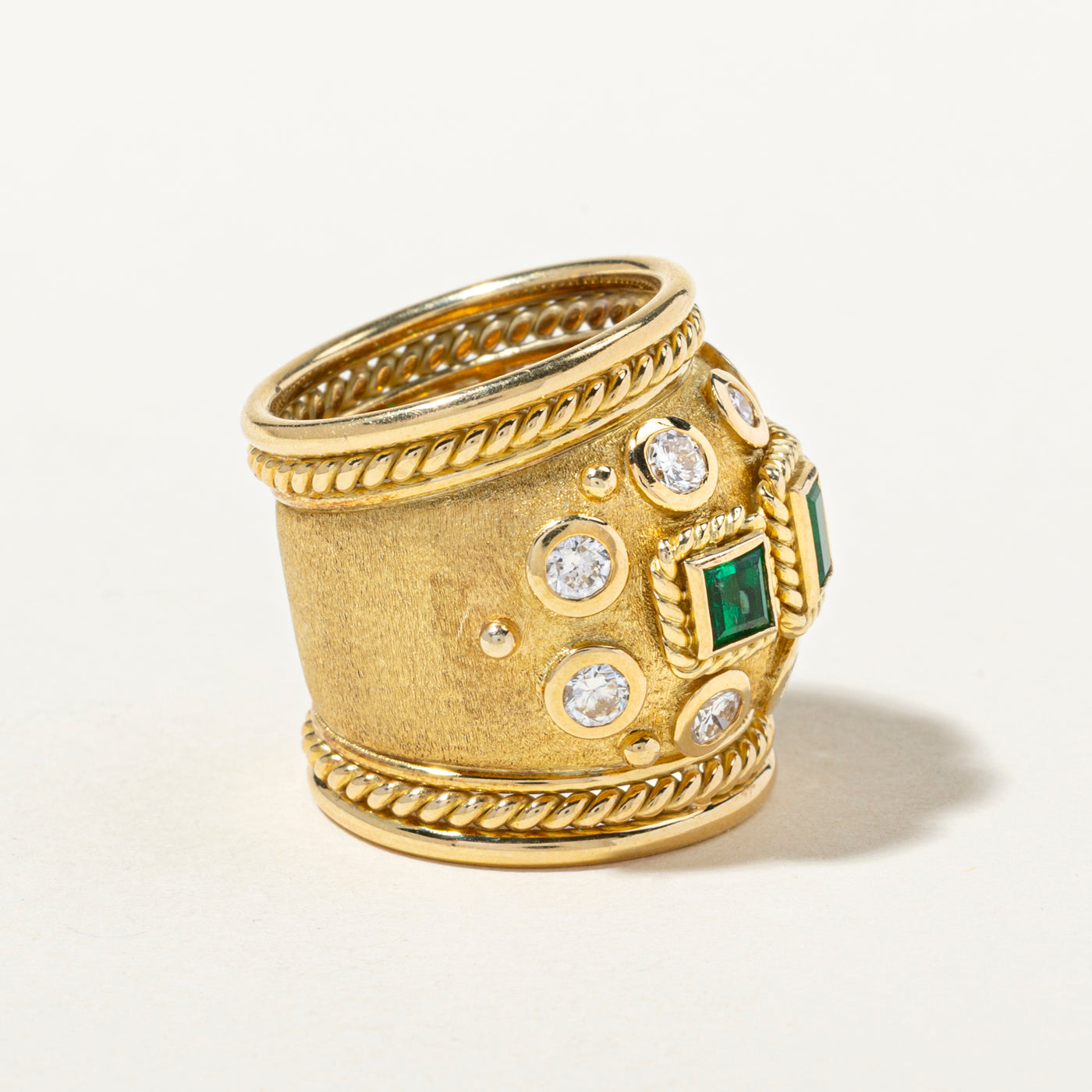 Emerald & Diamond Ornate Design Large Band | 0.69ctw, 0.80ctw | SZ 6.5
