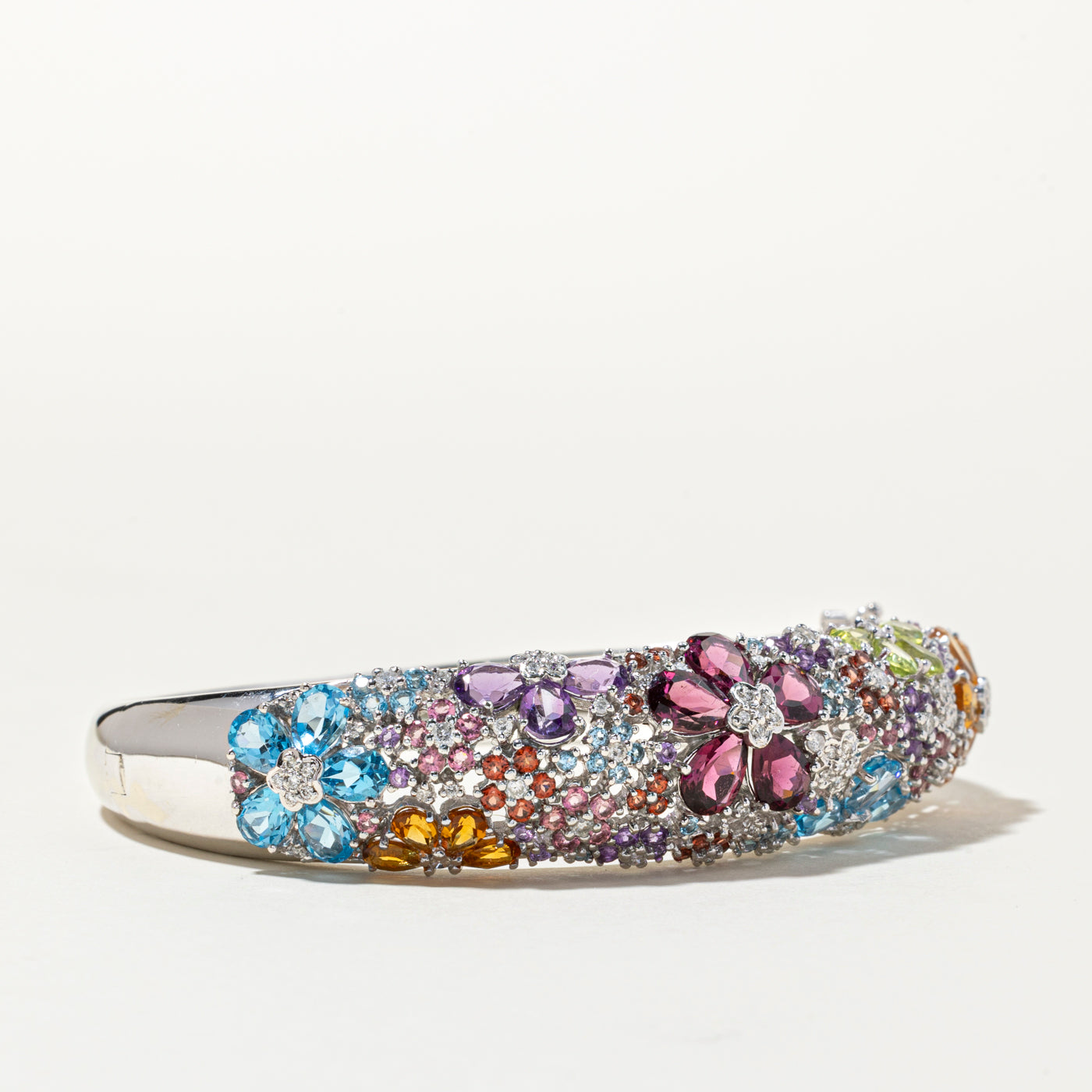 Multi Gemstone Floral Design Bangle Bracelet | 0.90ctw | 6"