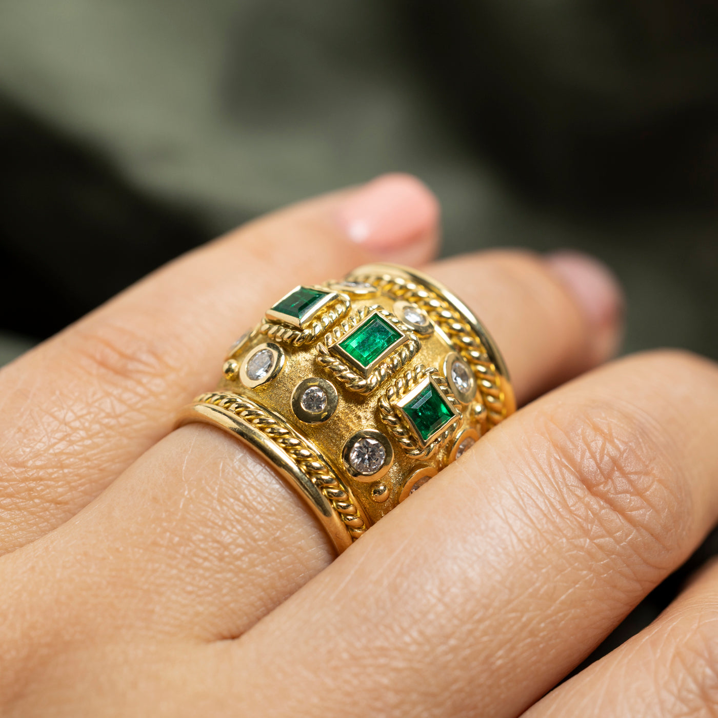 Emerald & Diamond Ornate Design Large Band | 0.69ctw, 0.80ctw | SZ 6.5