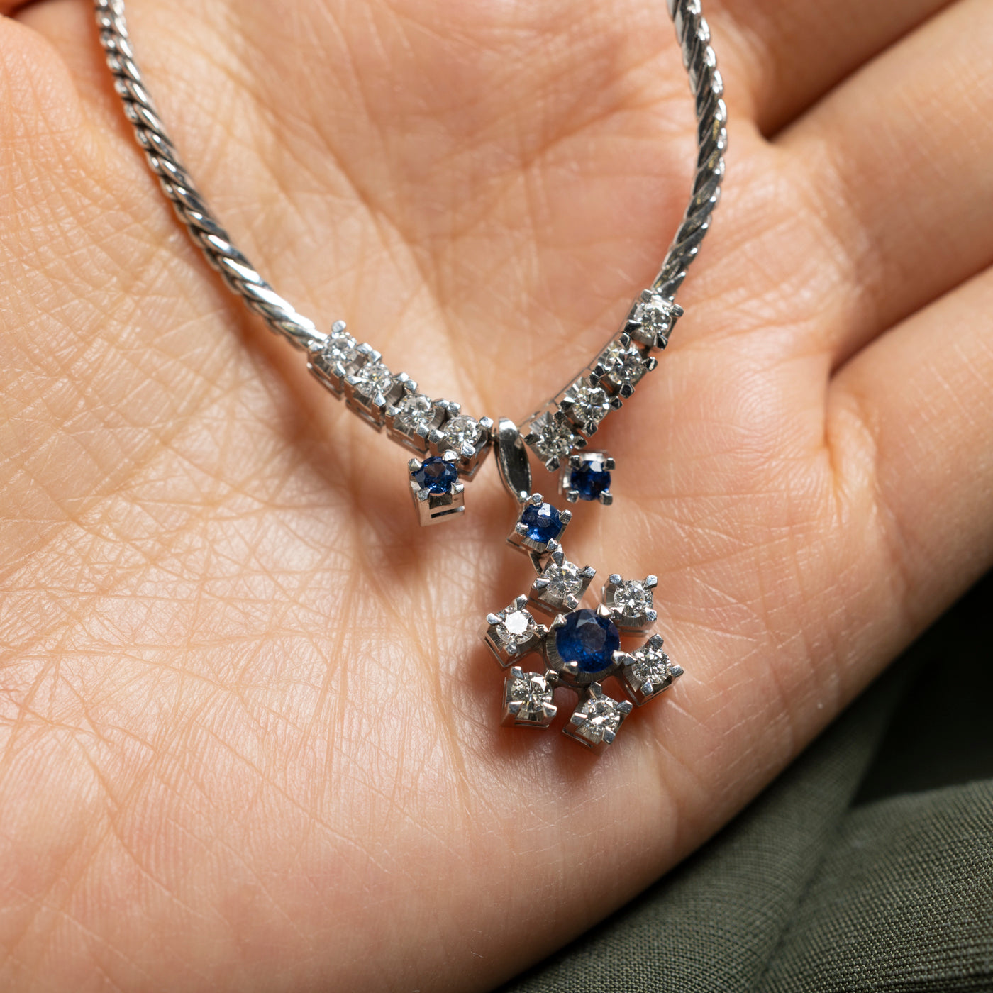 Sapphire & Diamond Snowflake Necklace | 0.60ctw, 0.81ctw | 17.5"