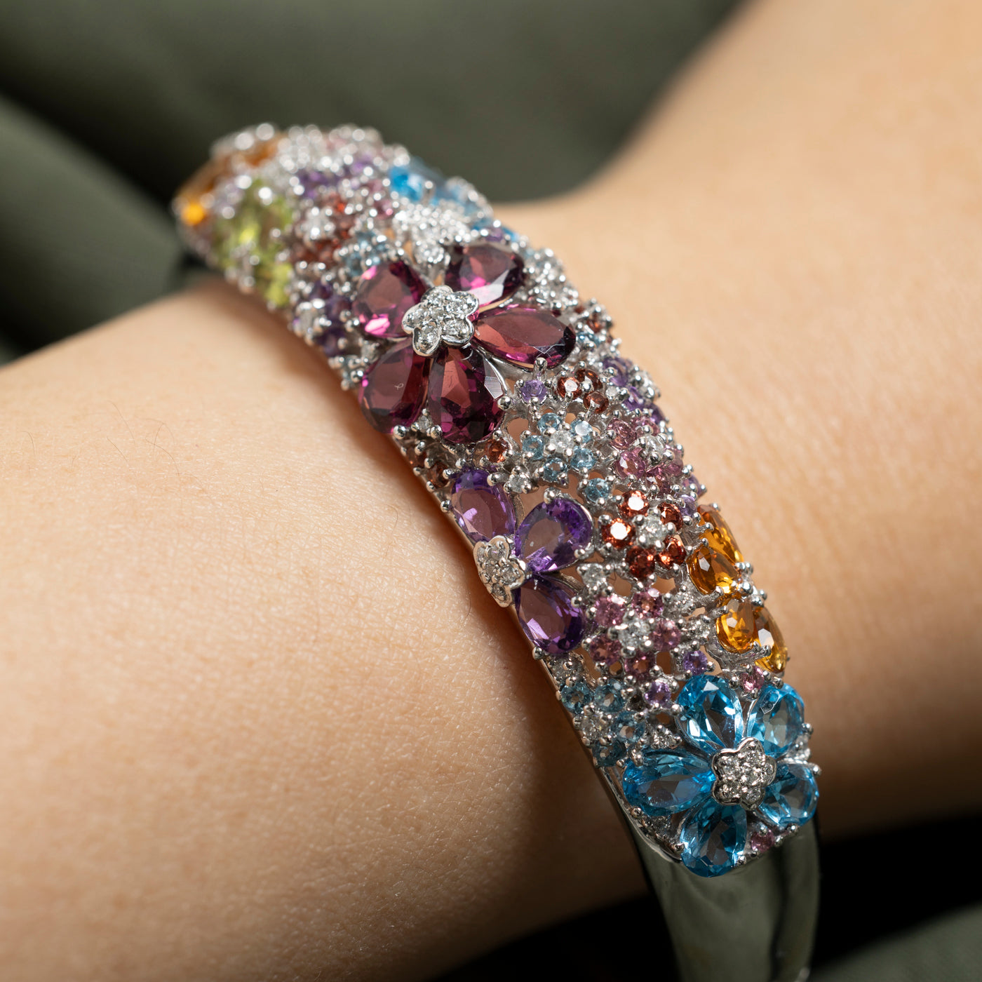 Multi Gemstone Floral Design Bangle Bracelet | 0.90ctw | 6"