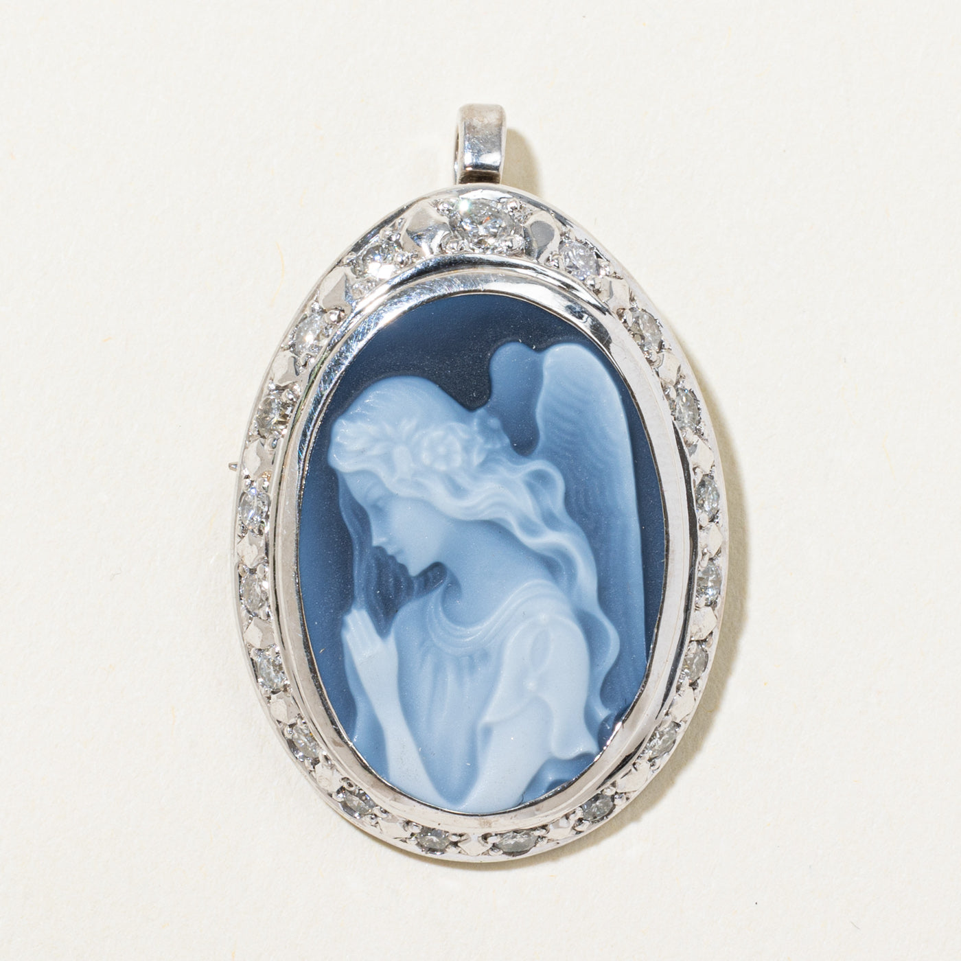 Blue Agate & Diamond Angel Cameo Convertible Pendant & Brooch | 10.00ct, 1.00ctw
