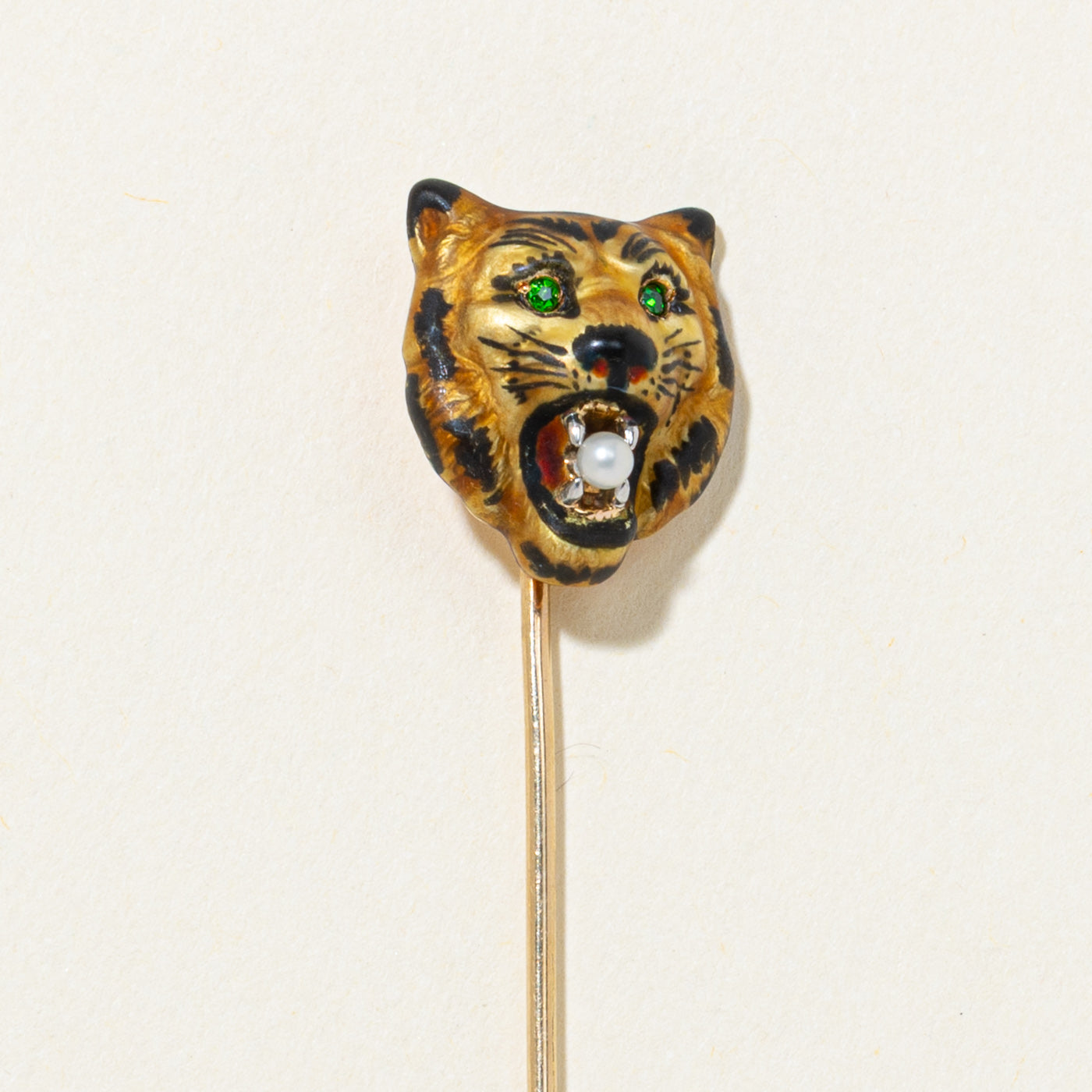 Green Glass & Pearl Lion Head Stick Pin | 0.02ctw