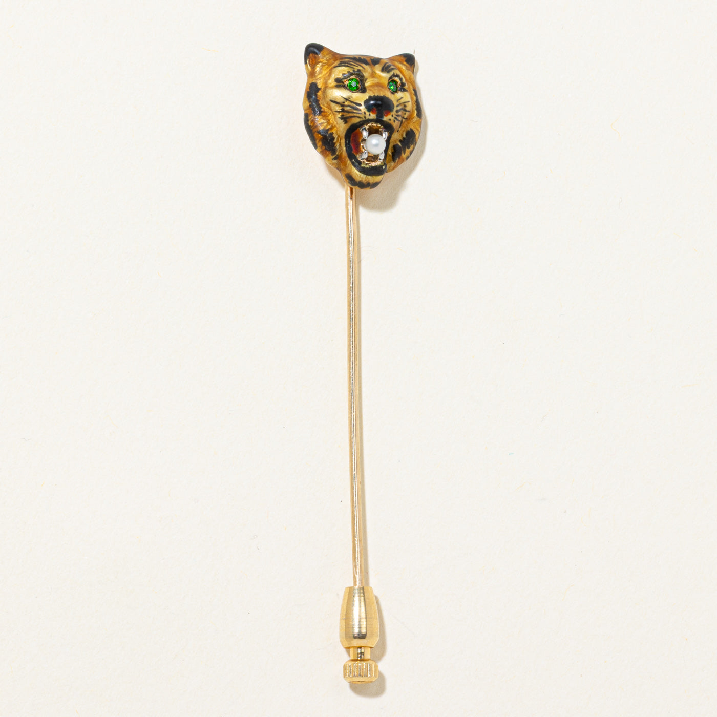 Green Glass & Pearl Lion Head Stick Pin | 0.02ctw