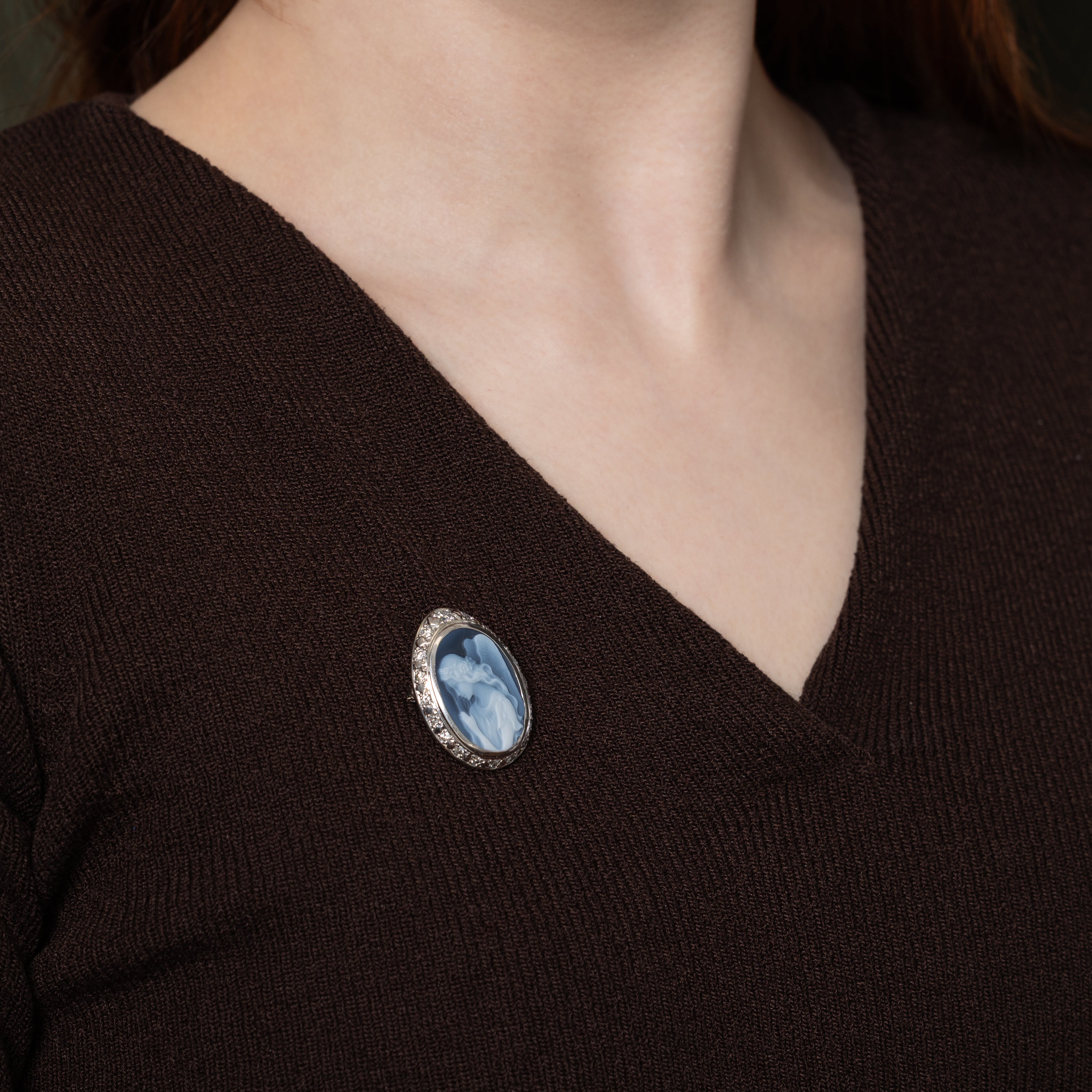 Blue Agate & Diamond Angel Cameo Convertible Pendant & Brooch | 10.00ct, 1.00ctw