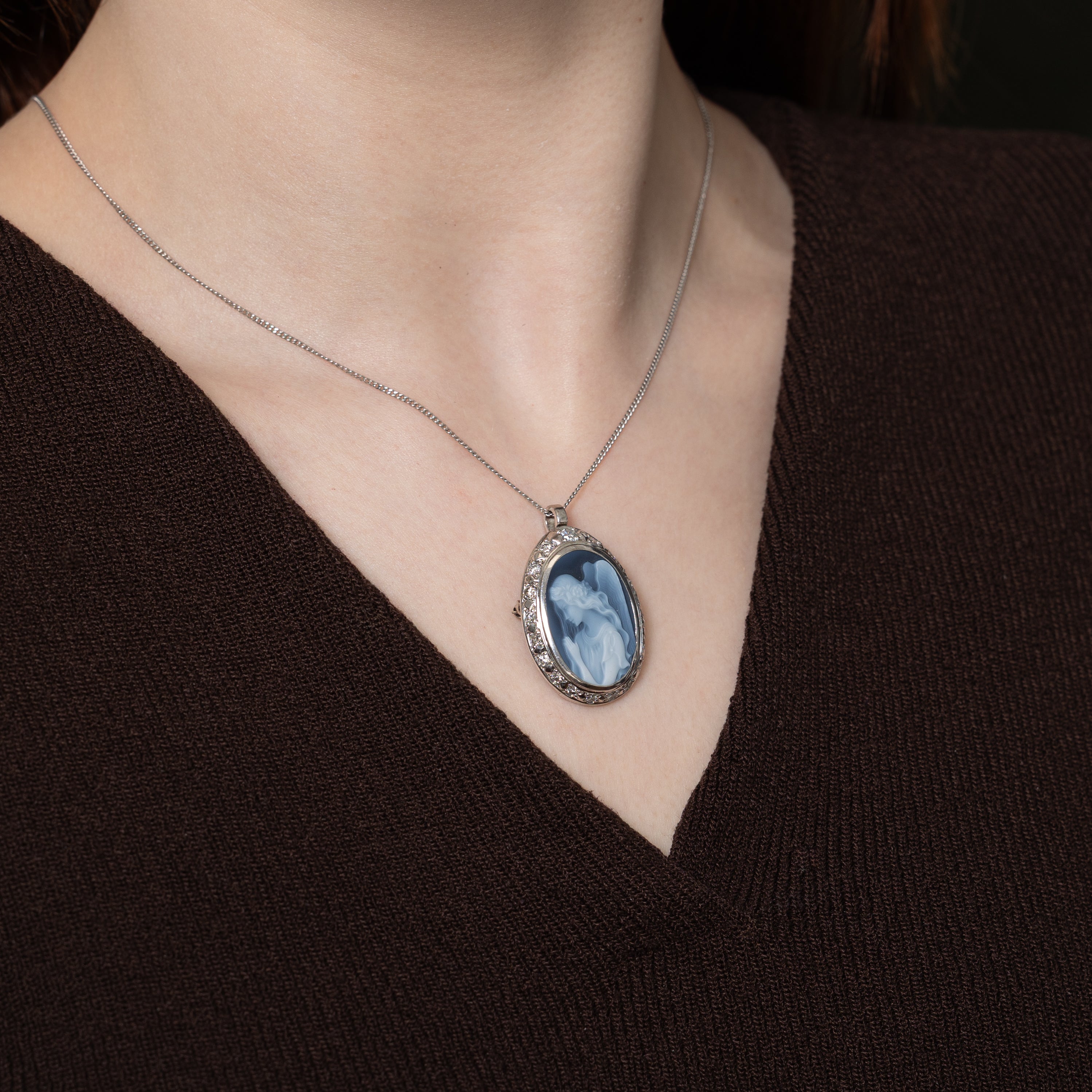 Blue Agate & Diamond Angel Cameo Convertible Pendant & Brooch | 10.00ct, 1.00ctw