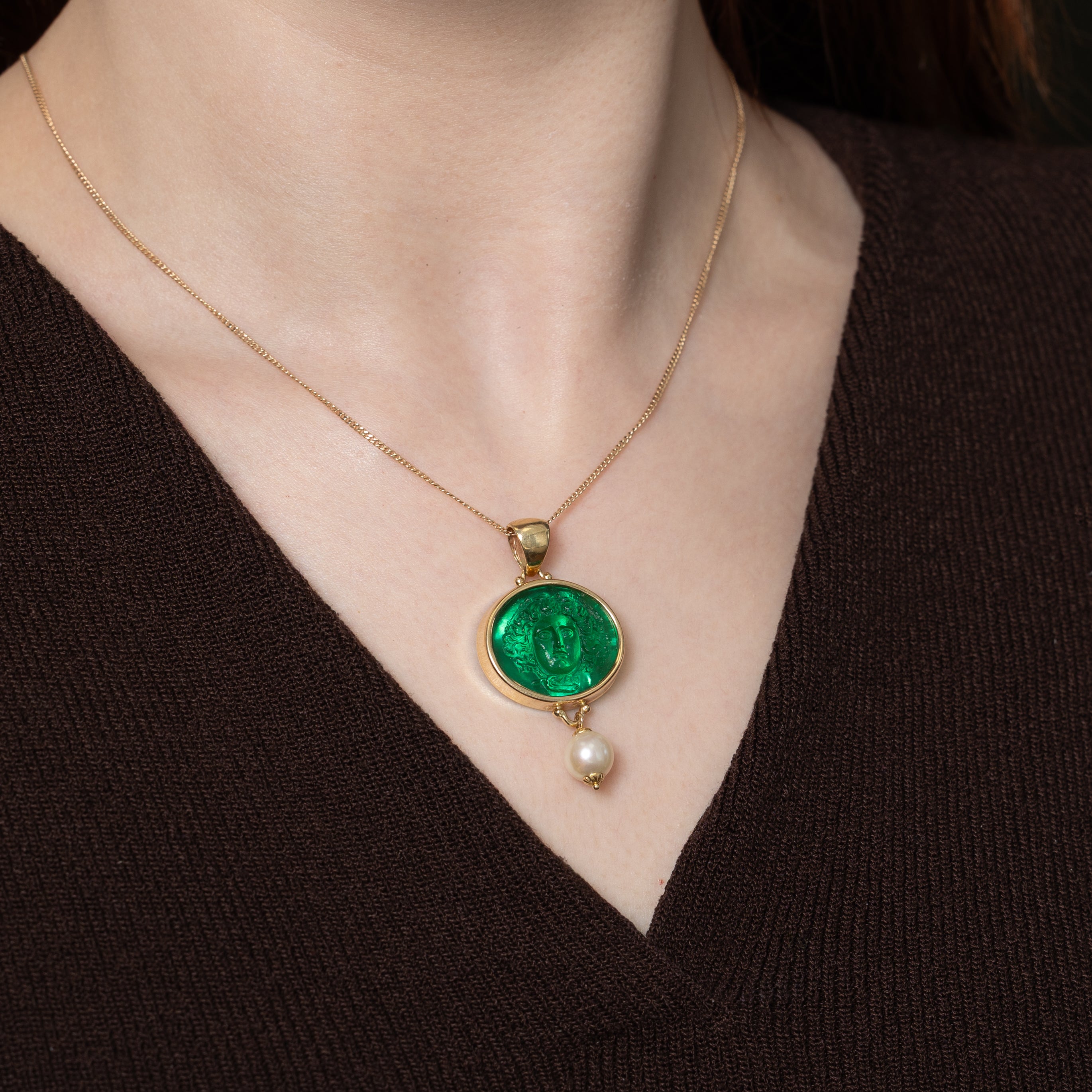 Italian 'Tagliamonte' Venetian Green Glass Cameo & Pearl Pendant | 12.00ct