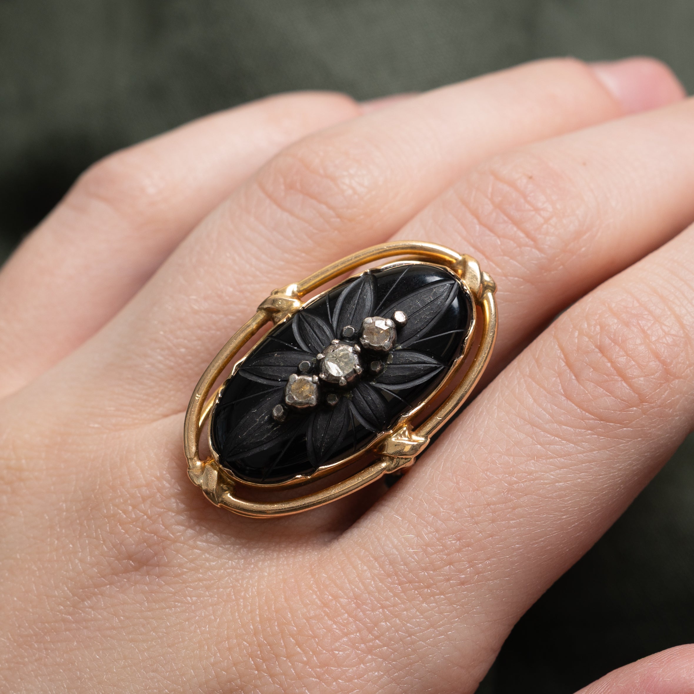 Antique Carved Onyx & Diamond Cocktail Ring | 10.00ct, 0.40ctw | SZ 7
