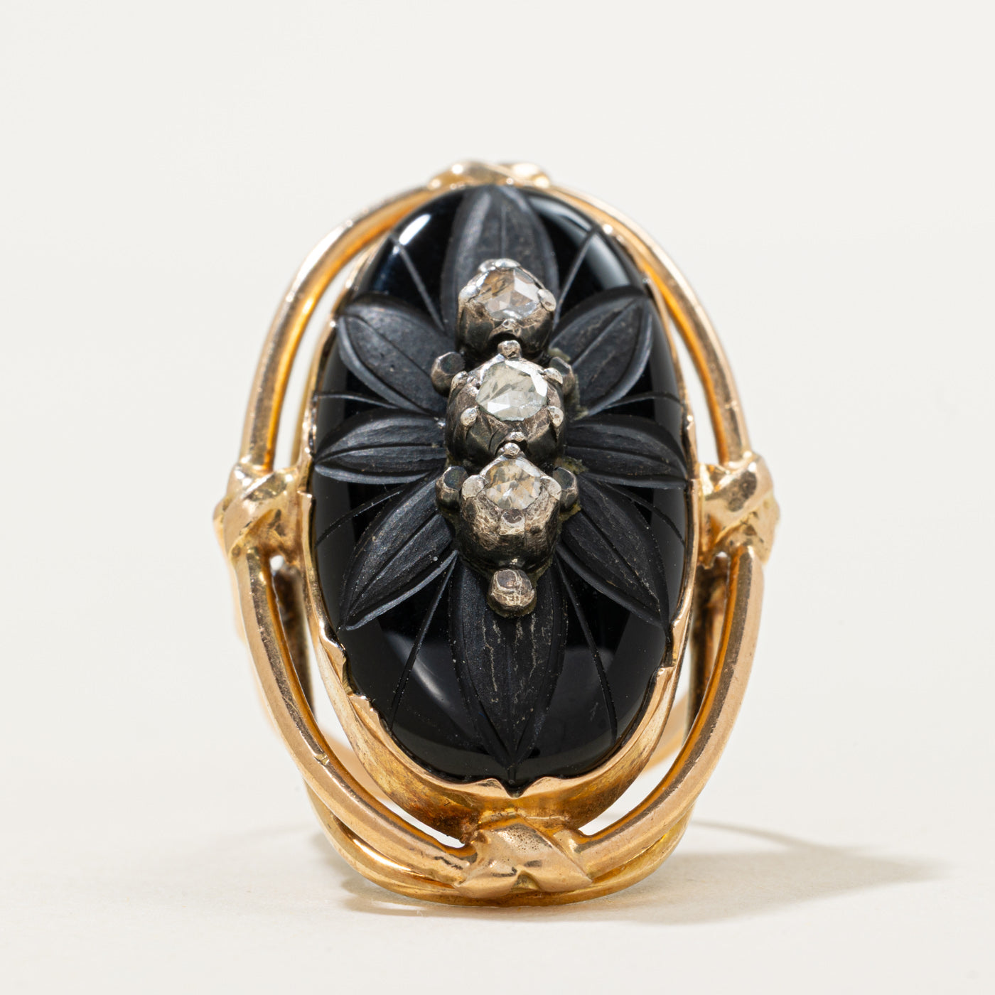 Antique Carved Onyx & Diamond Cocktail Ring | 10.00ct, 0.40ctw | SZ 7