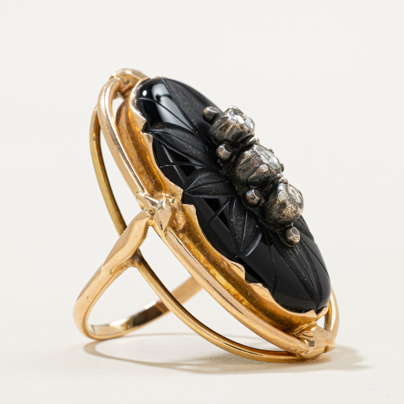 Antique Carved Onyx & Diamond Cocktail Ring | 10.00ct, 0.40ctw | SZ 7
