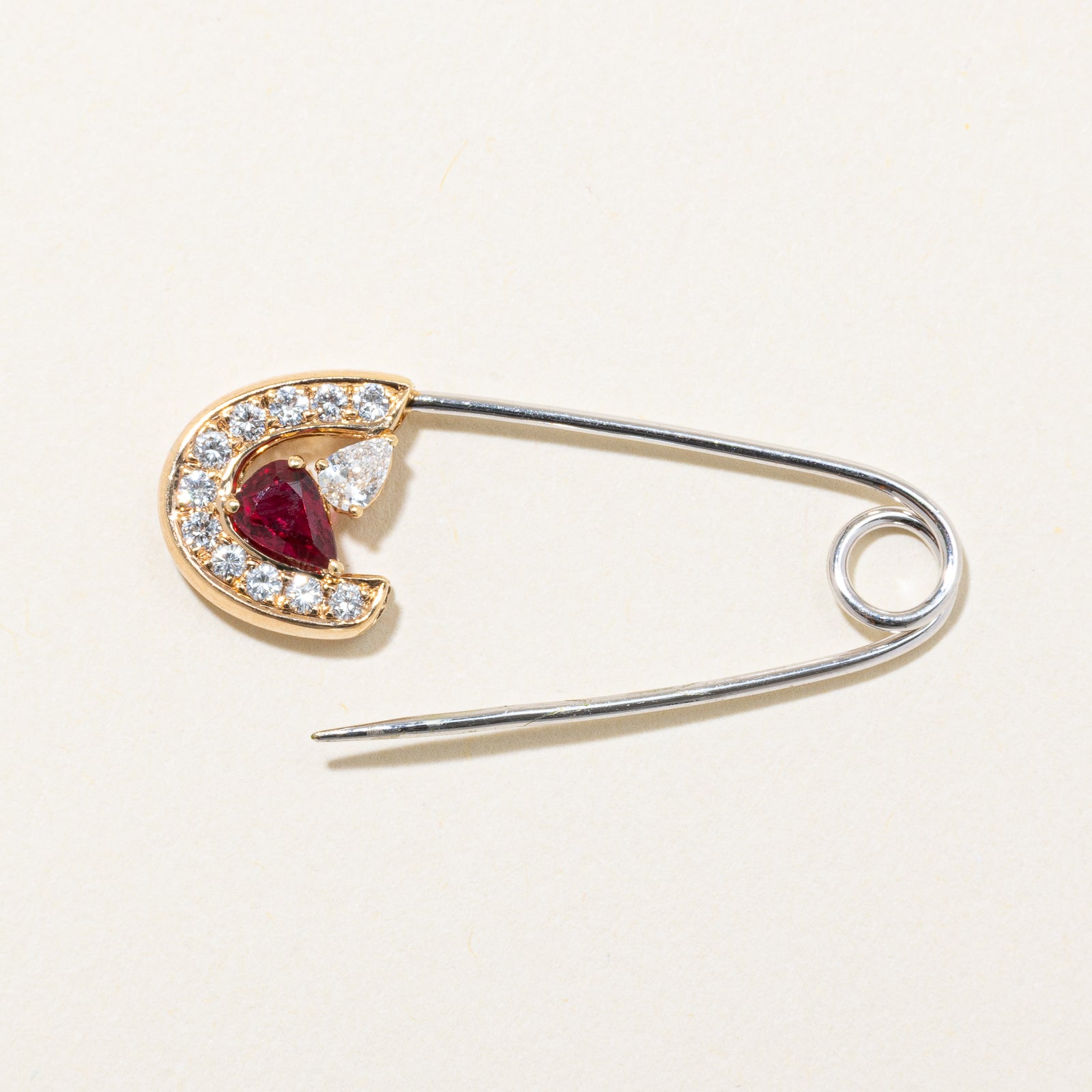 Ruby & Diamond Safety Pin Brooch | 0.30ctw, 0.25ctw |