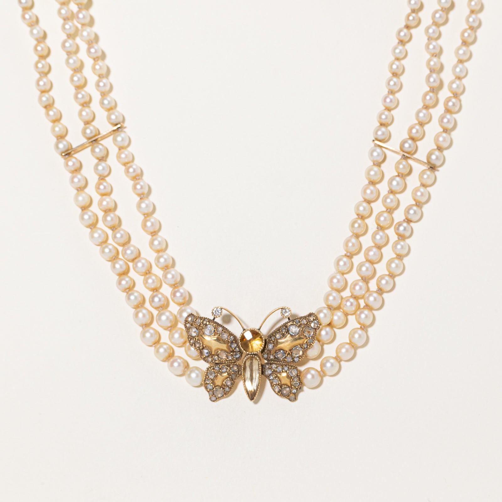 Antique Multi Gemstone Butterfly & Pearl Strand Choker Necklace | 1.66ctw, 1.10ctw | 13.5"