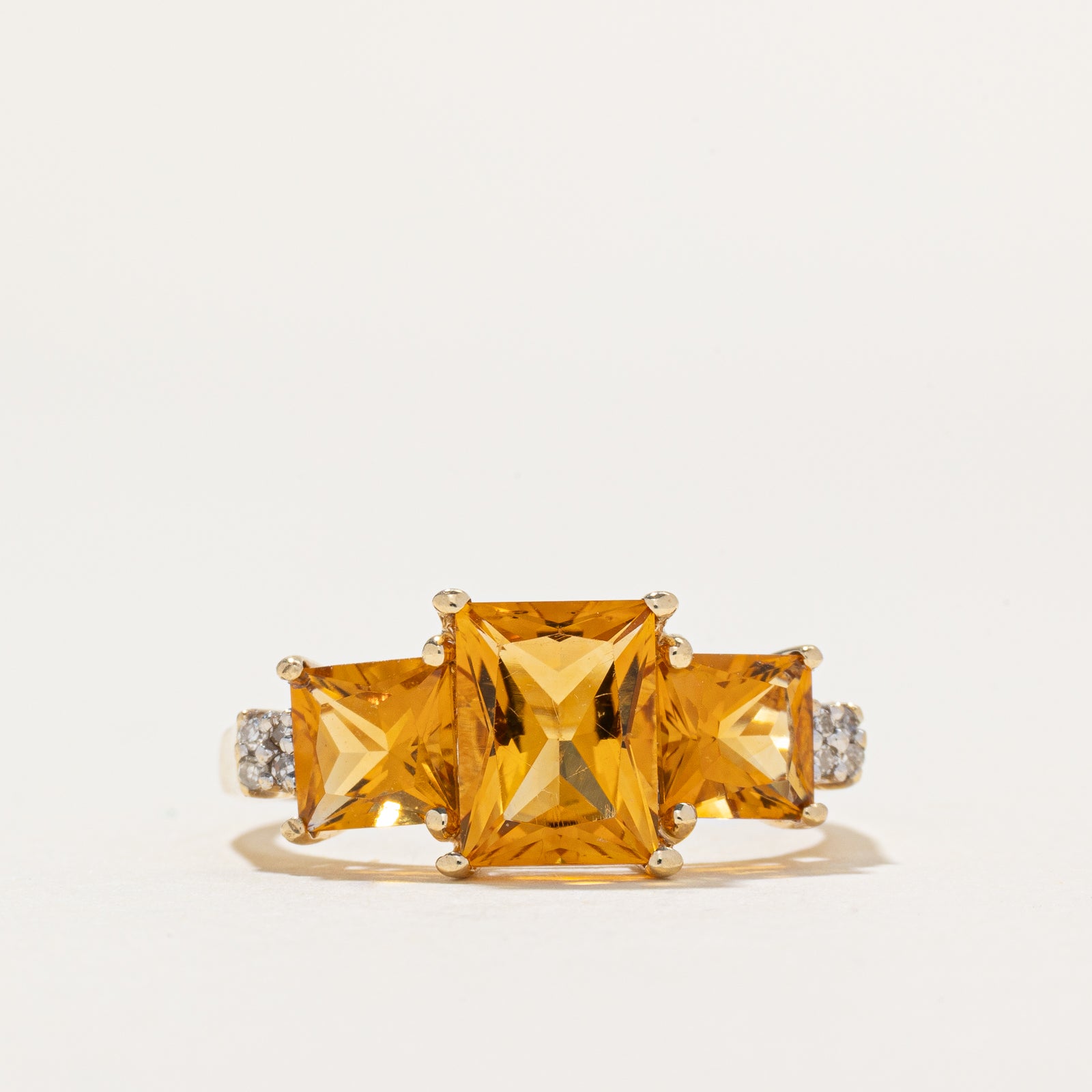 Three Stone Citrine & Diamond Ring | 2.35ctw, 0.01ctw | SZ 7.5