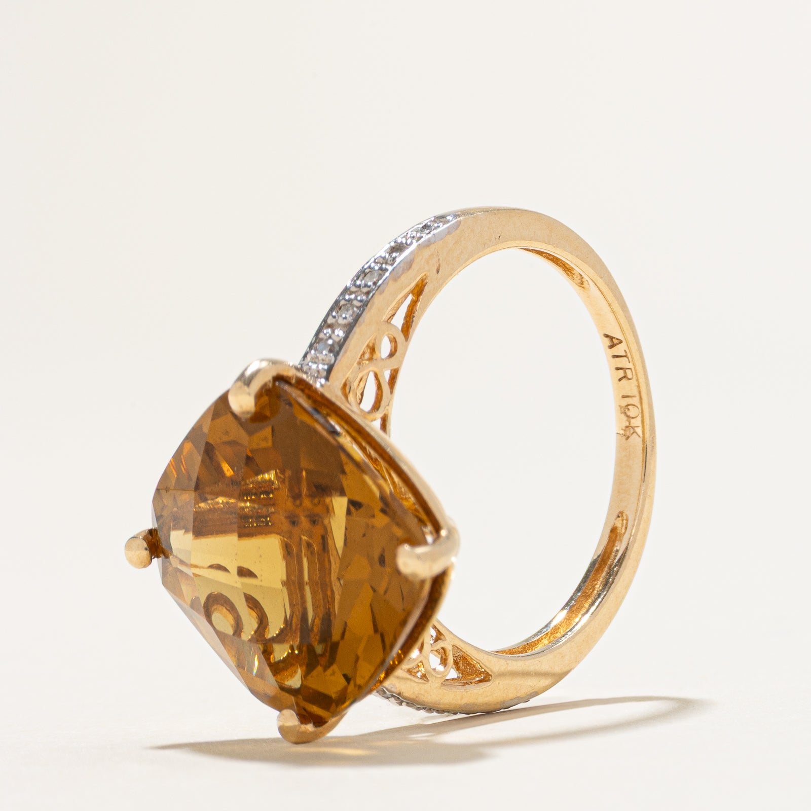 Checkerboard Cut Citrine & Diamond Ring | 6.60ct, 0.02ctw | SZ 7