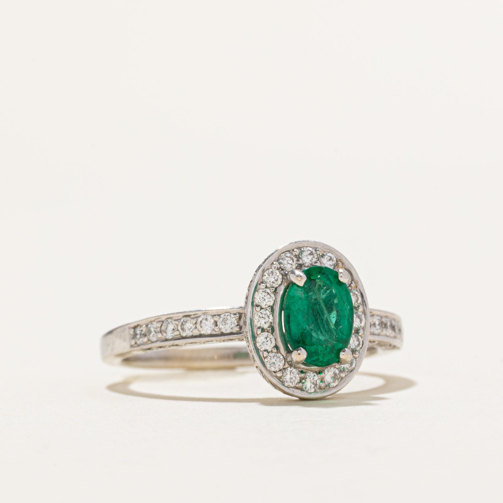 Oval Cut Emerald & Diamond Halo Ring | 0.57ct, 0.45ctw | SZ 8