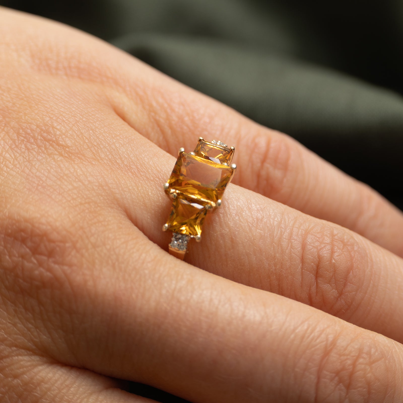 Three Stone Citrine & Diamond Ring | 2.35ctw, 0.01ctw | SZ 7.5