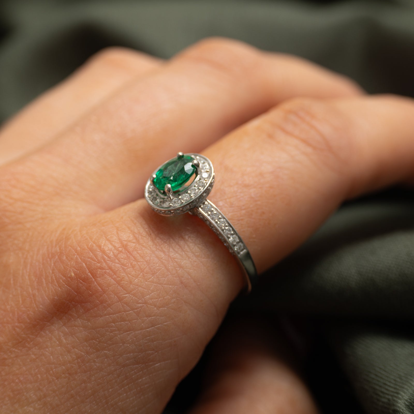 Oval Cut Emerald & Diamond Halo Ring | 0.57ct, 0.45ctw | SZ 8
