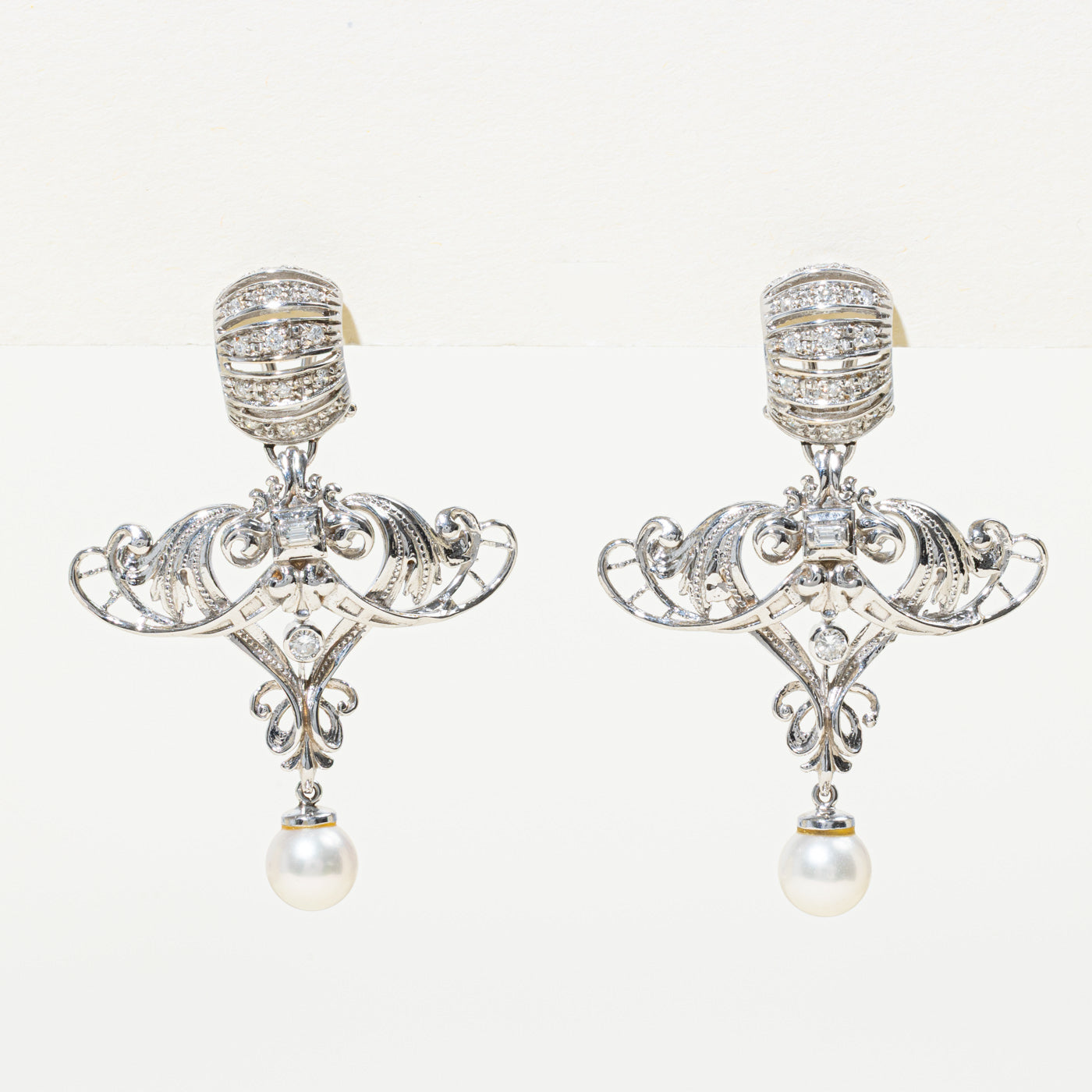 Diamond & Pearl Ornate Chandelier Earrings | 0.70ctw