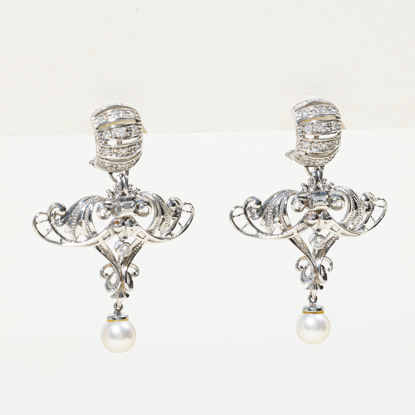 Diamond & Pearl Ornate Chandelier Earrings | 0.70ctw