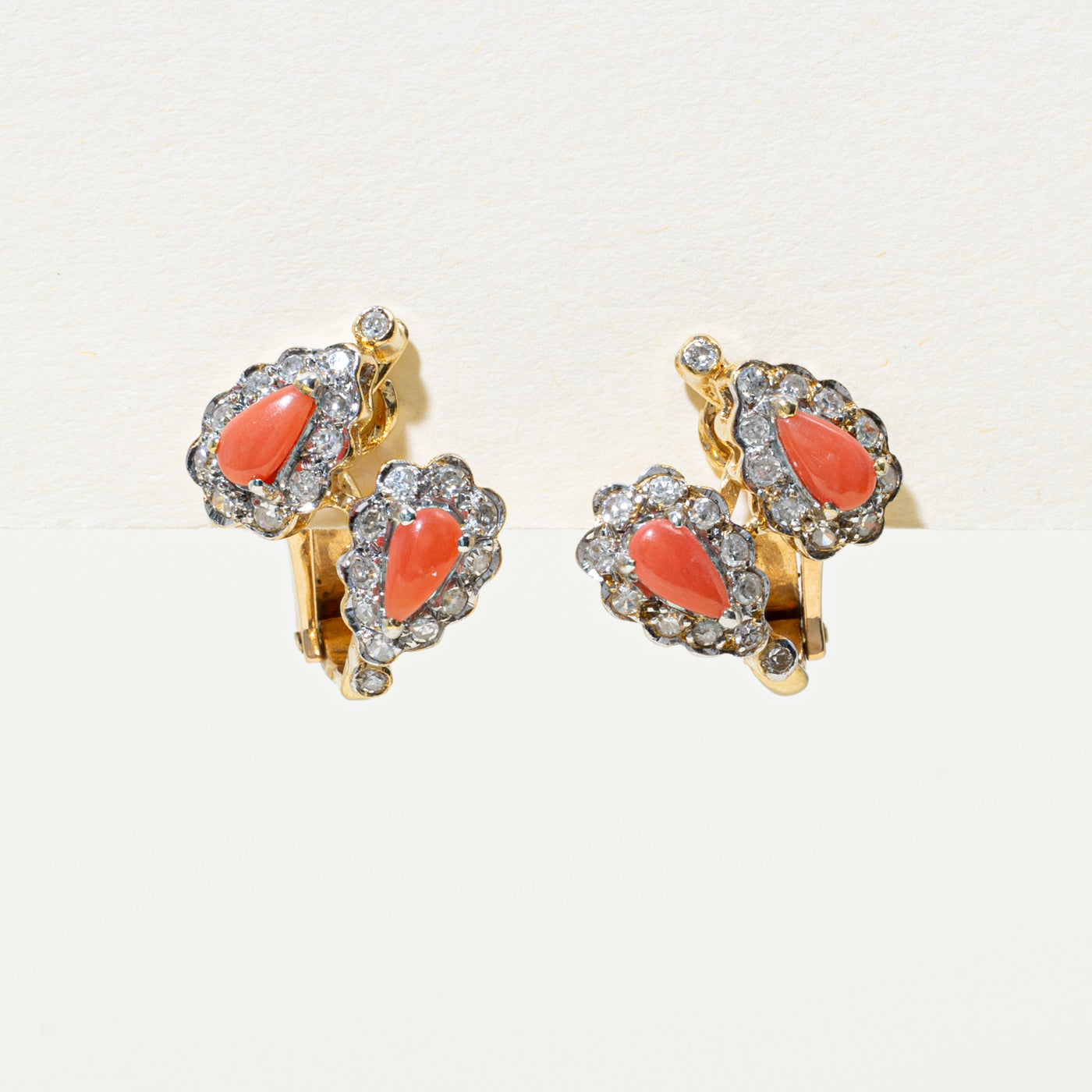 Coral & Diamond Halo Clip-on Earrings | 0.80ctw, 0.50ctw |