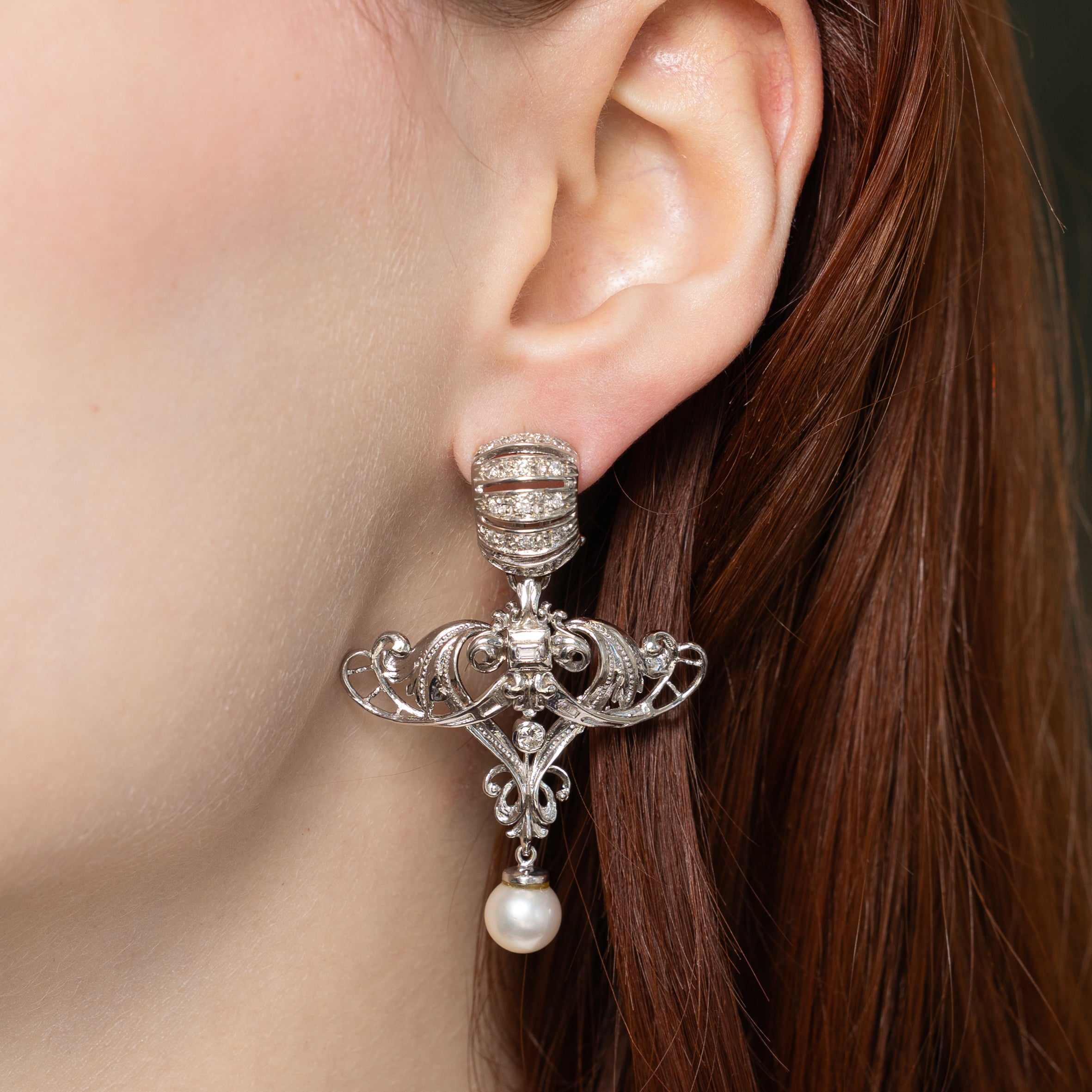 Diamond & Pearl Ornate Chandelier Earrings | 0.70ctw