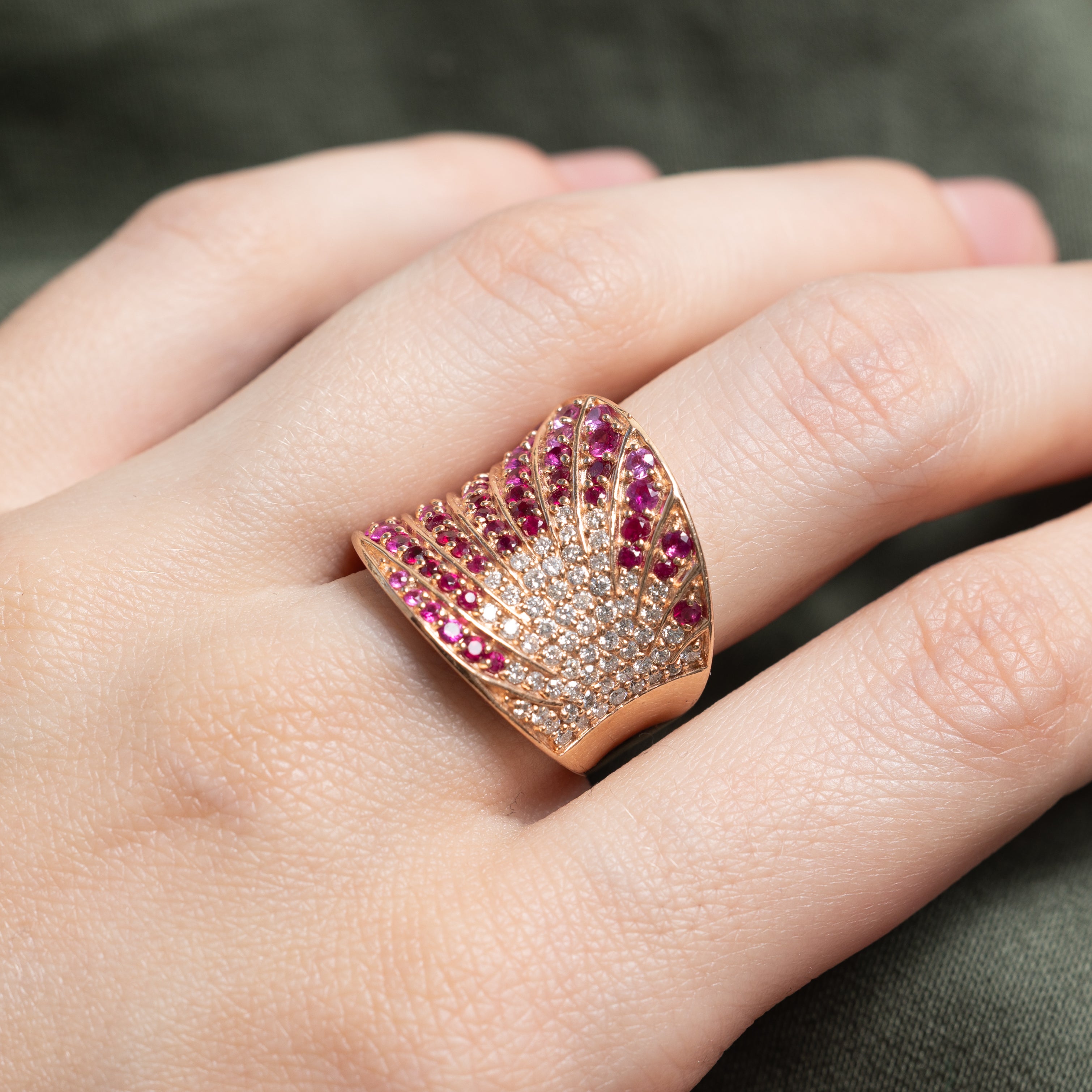 Ruby, Pink Sapphire & Diamond Gradient Curved Cocktail Ring | 1.60ctw, 0.42ctw | SZ 7