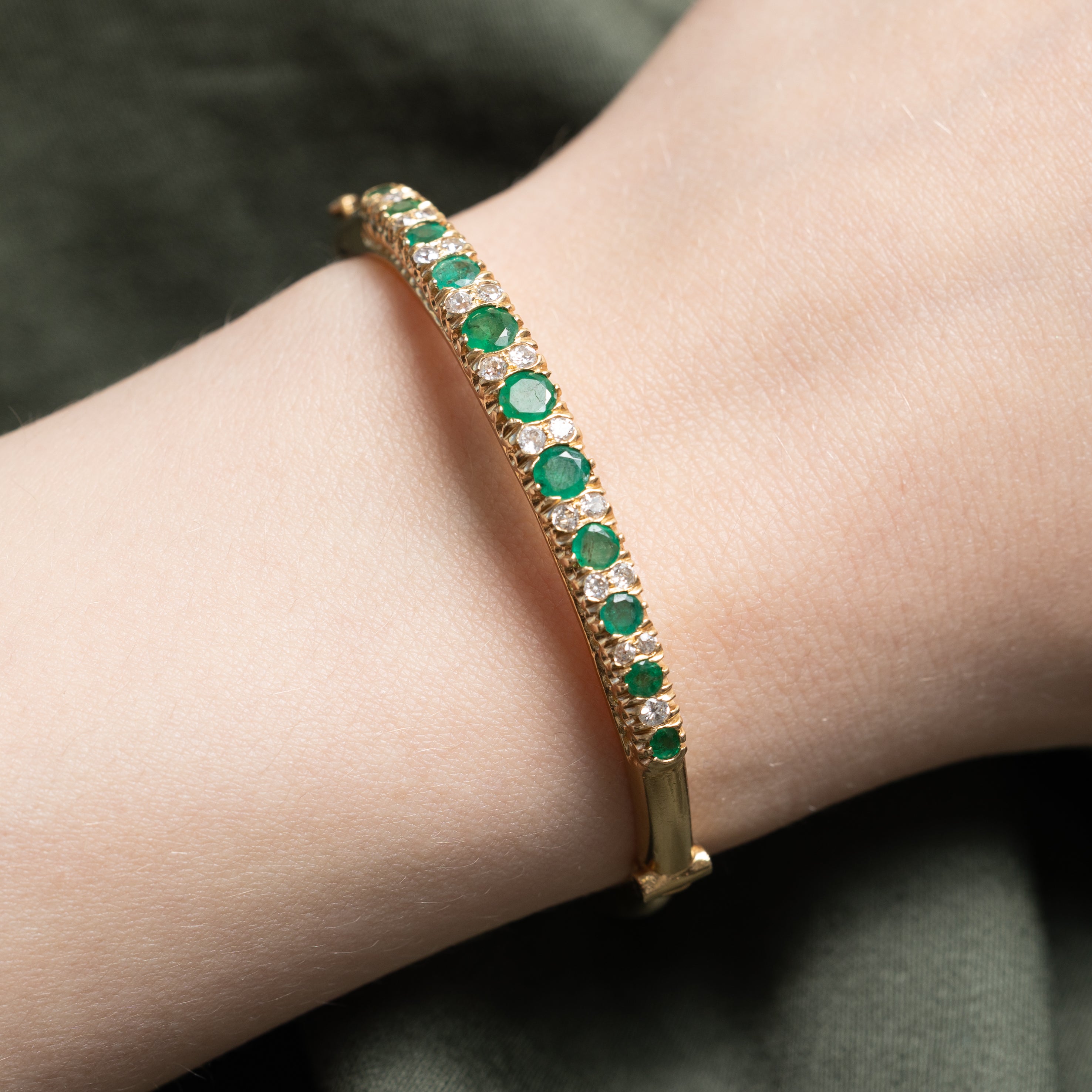 Vintage Emerald & Diamond Bangle | 1.30ctw, 0.50ctw | 5"