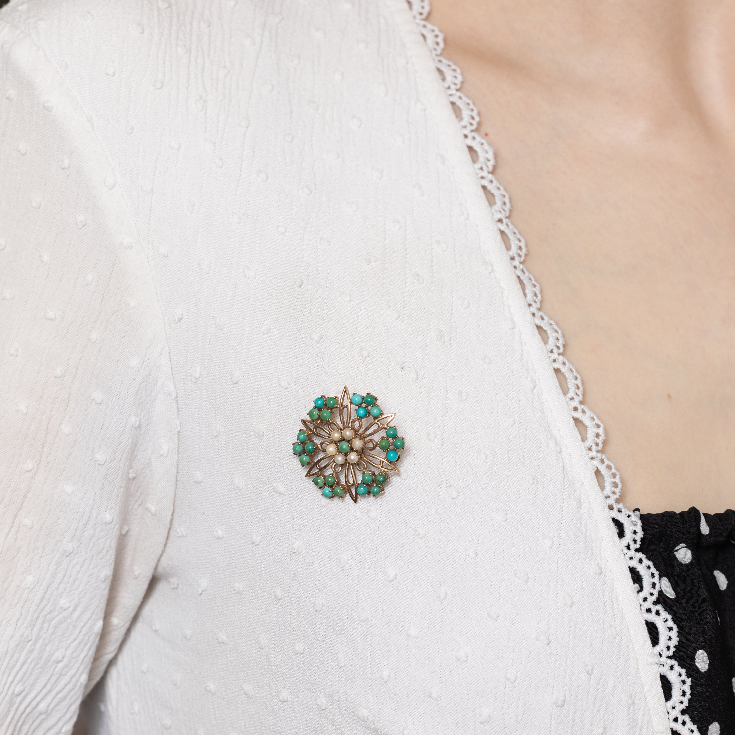 Turquoise & Pearl Openwork Starburst Brooch