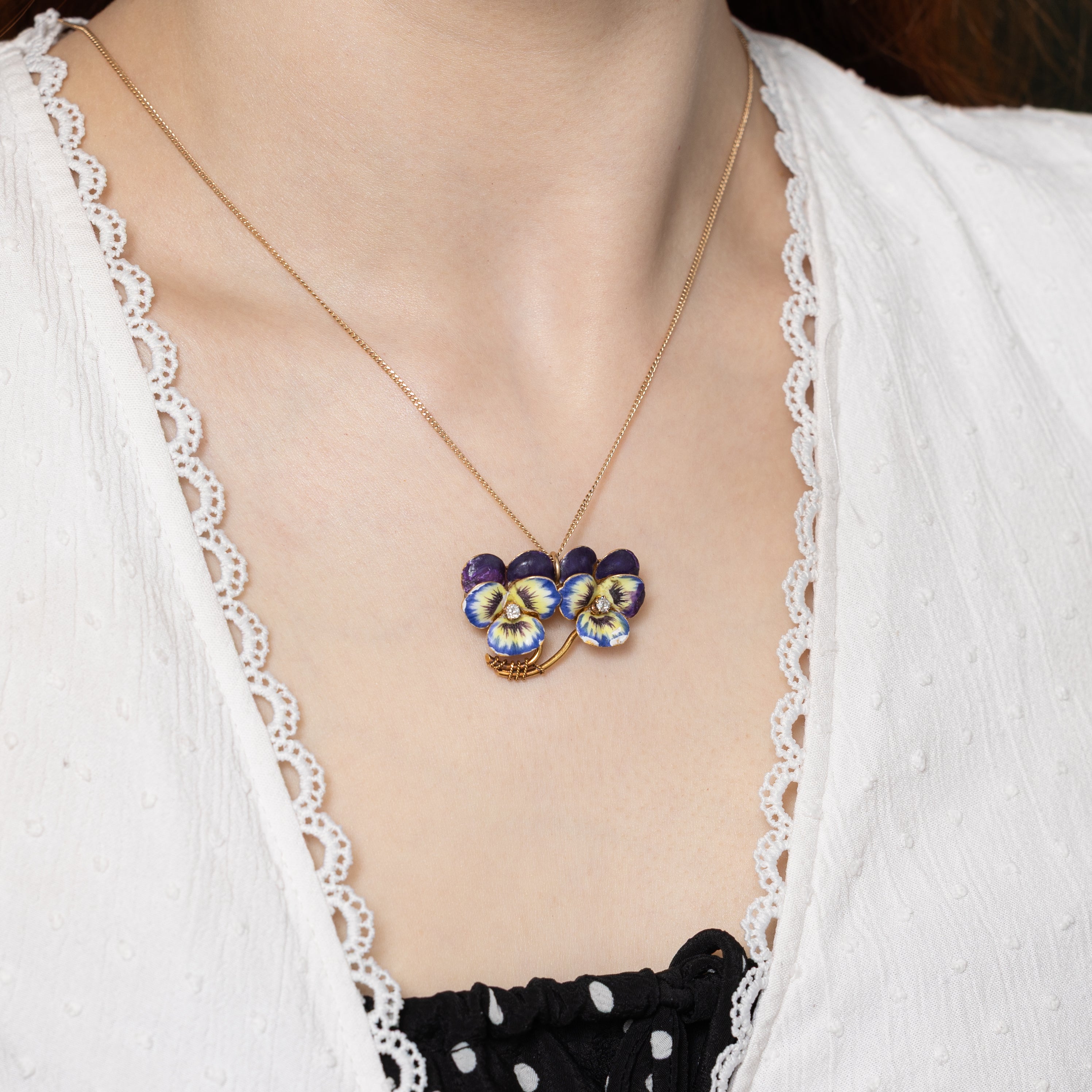 Circa 1900 Diamond & Enamel Pansy Convertible Pendant & Brooch | 0.07ctw