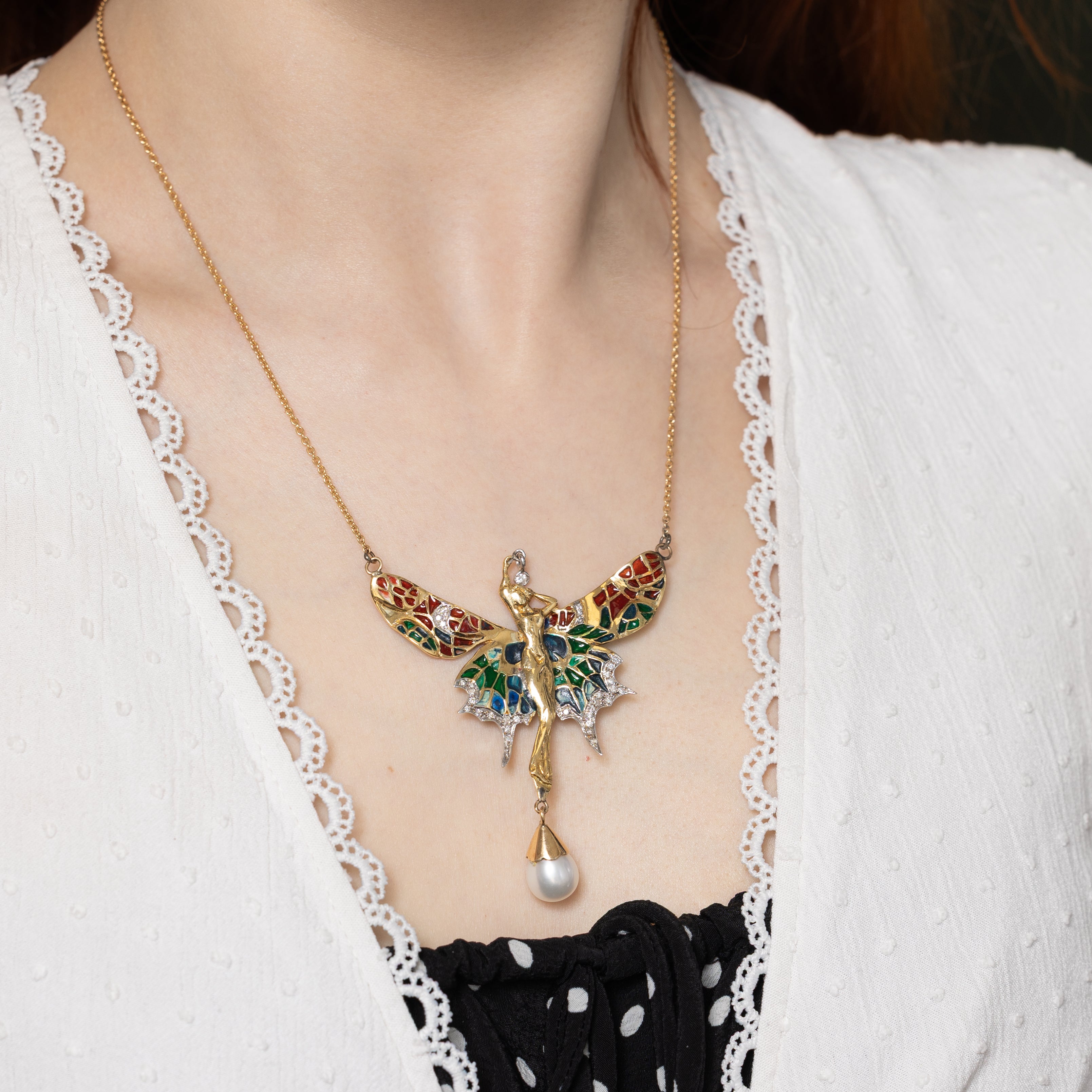 Diamond, Pearl & Enamel Fairy Pendant Necklace | 0.18ctw | 19"