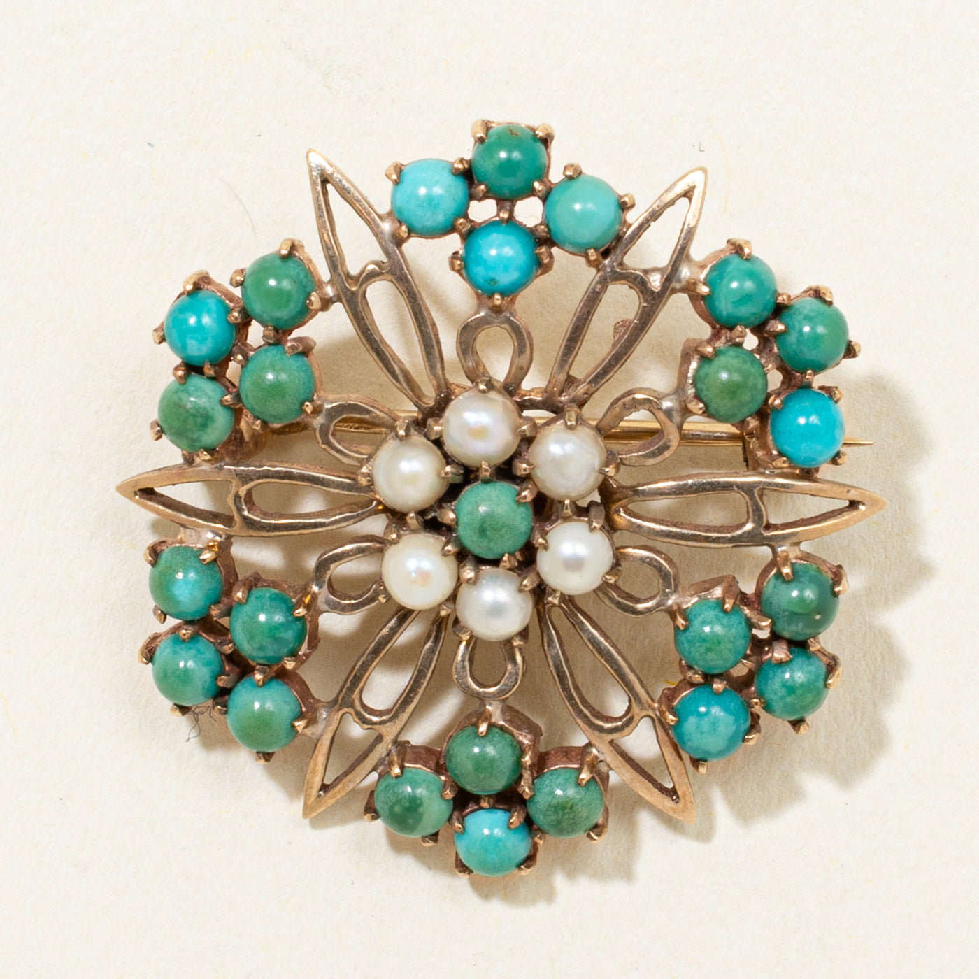 Turquoise & Pearl Openwork Starburst Brooch
